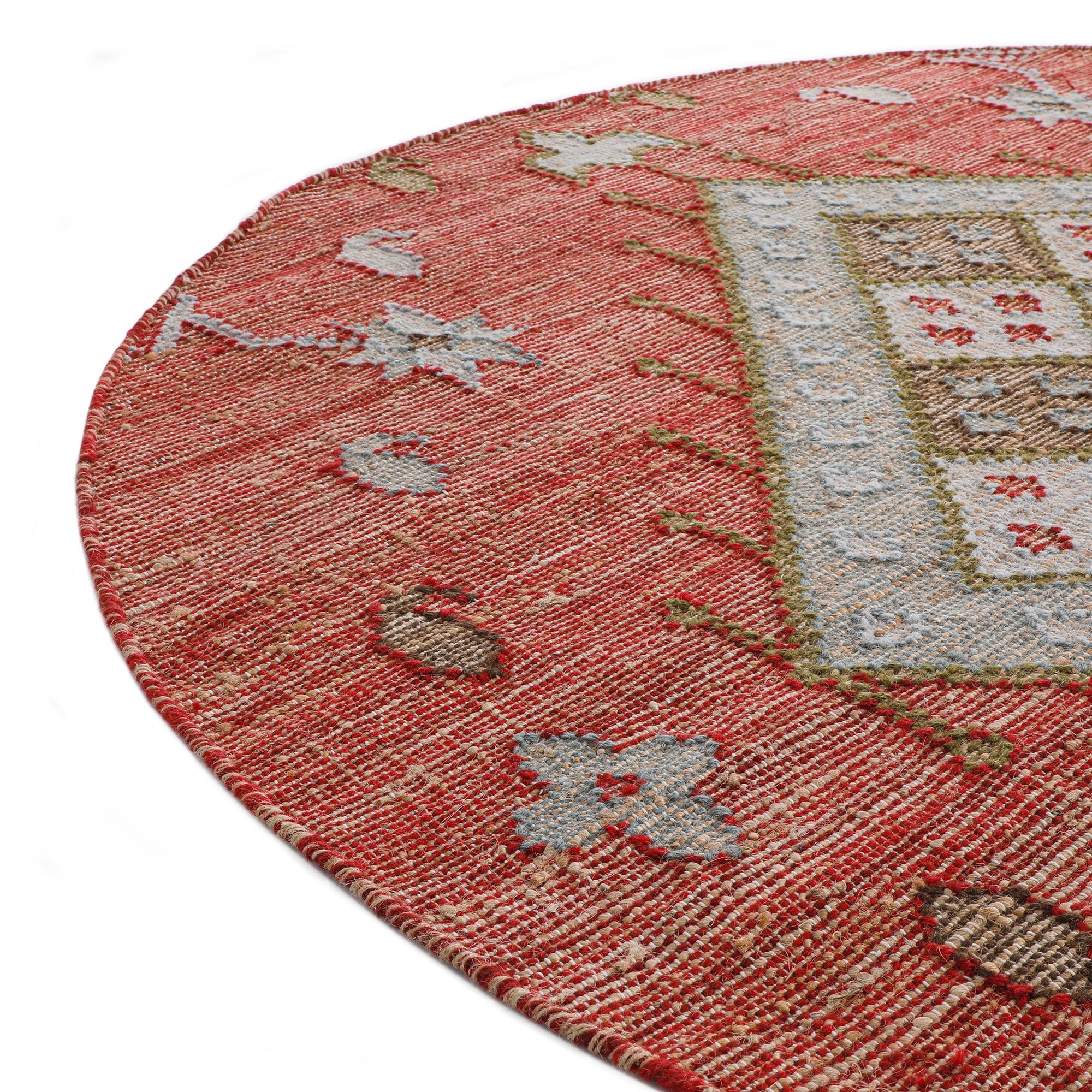 Farah Kilim Traditional Handwoven Wool & Jute Deep Red Round Rug - Image 5