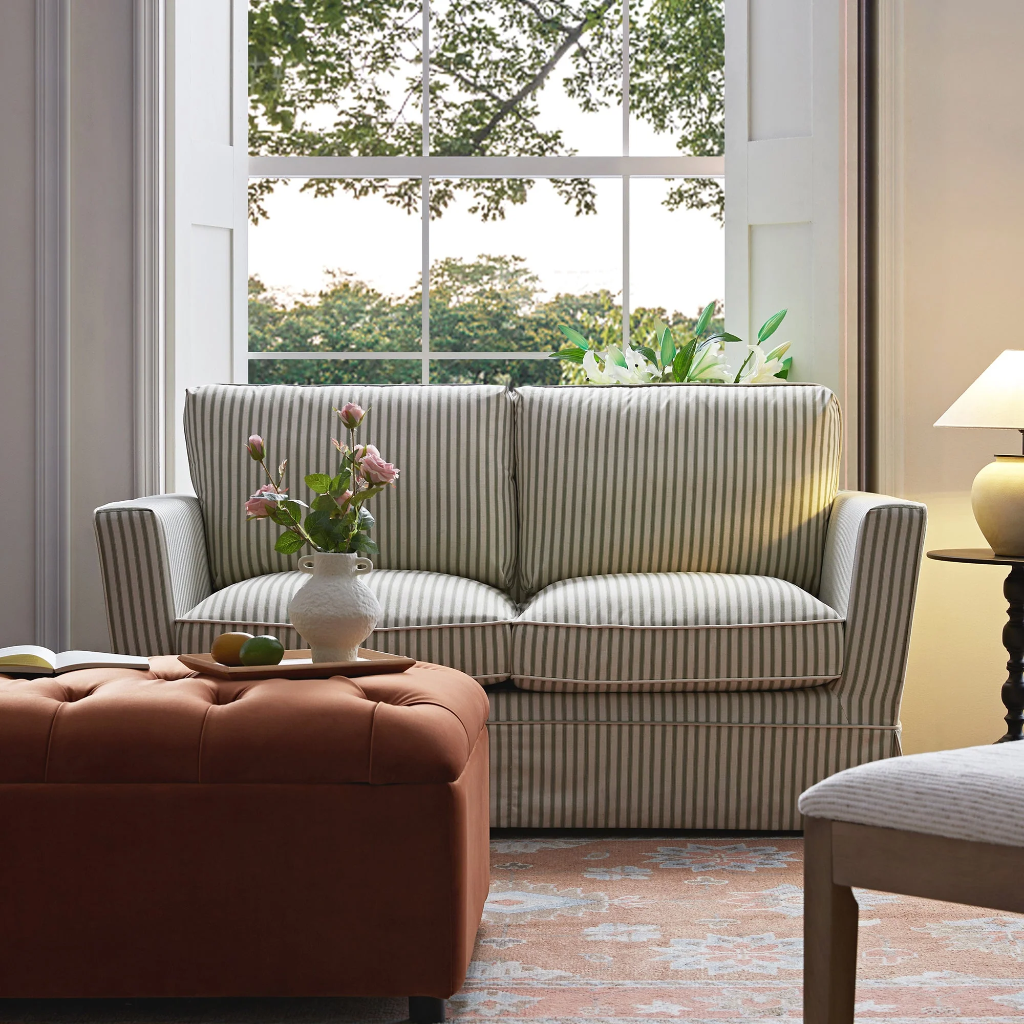 Fitz Skirted 2-Seater Sofa, Sage Striped Linen Blend - Image 2