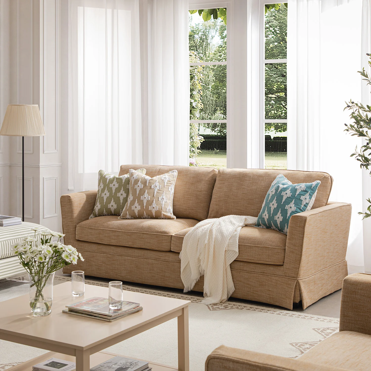 Fitz Skirted Large 3-Seater Sofa, Apricot Linen Blend - Image 2