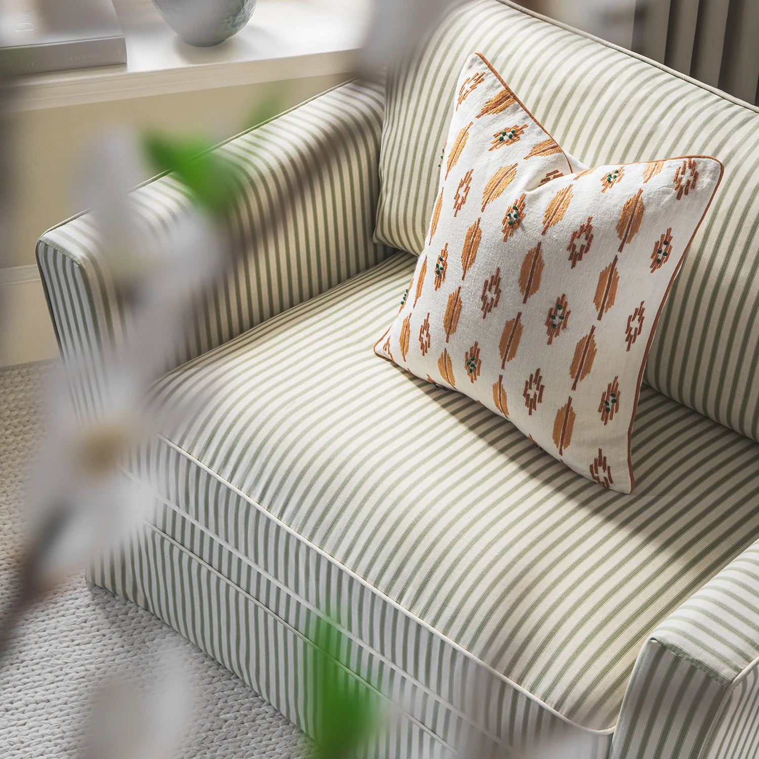 Fitz Skirted Loveseat, Sage Striped Linen Blend - Image 4