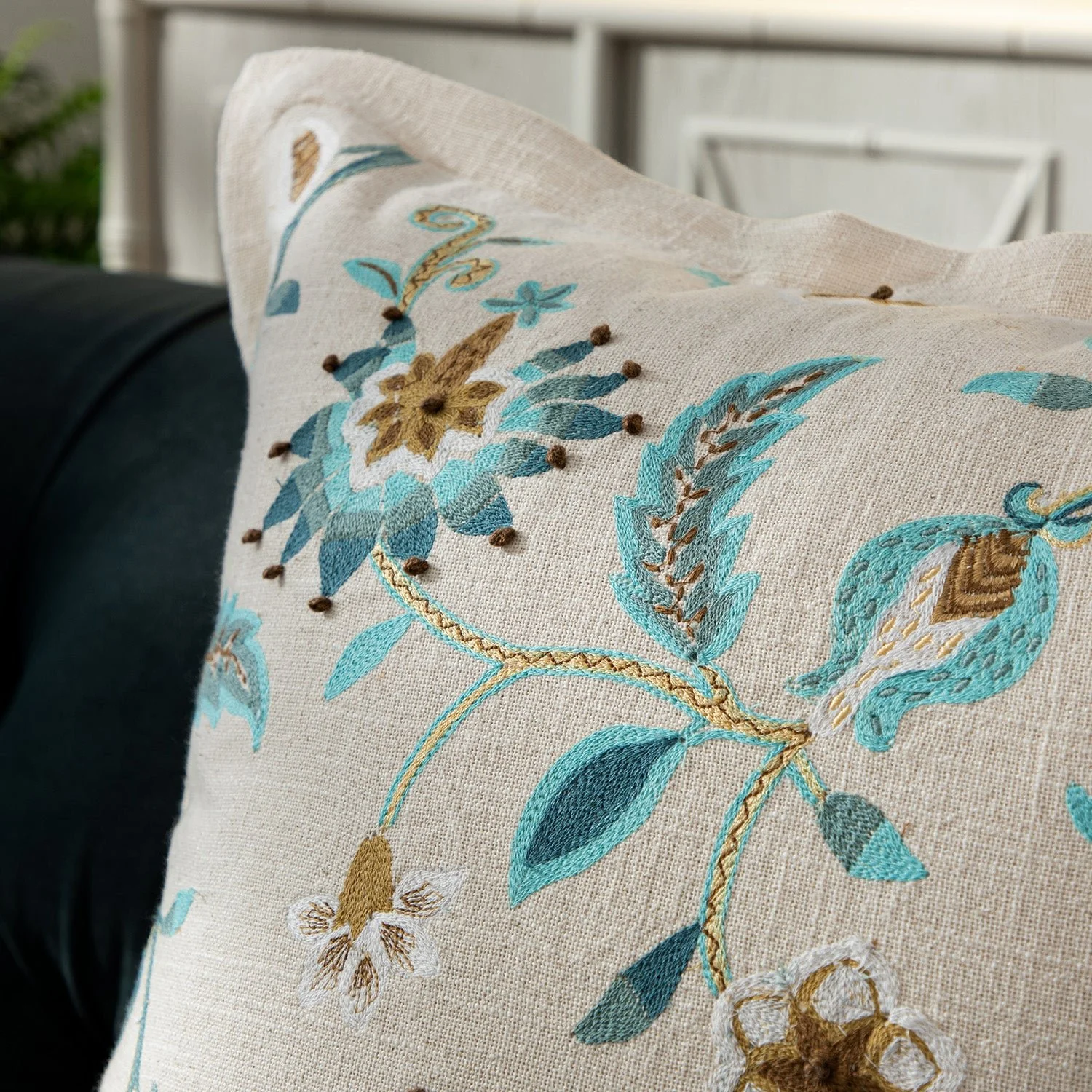 Flora & Fauna Hand Embroidered Azure Fantasy Cushion - Image 3