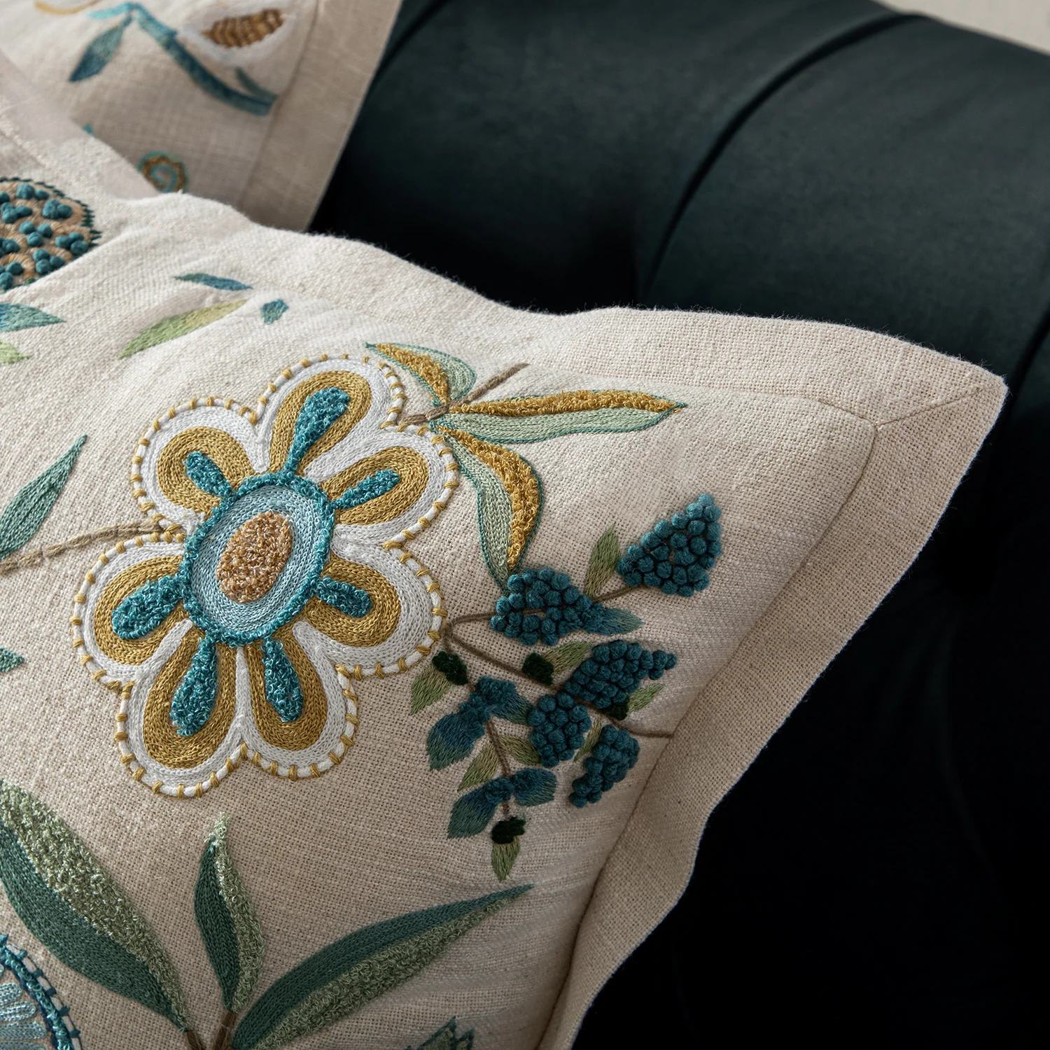 Flora & Fauna Hand Embroidered Azure Wonder Cushion - Image 4