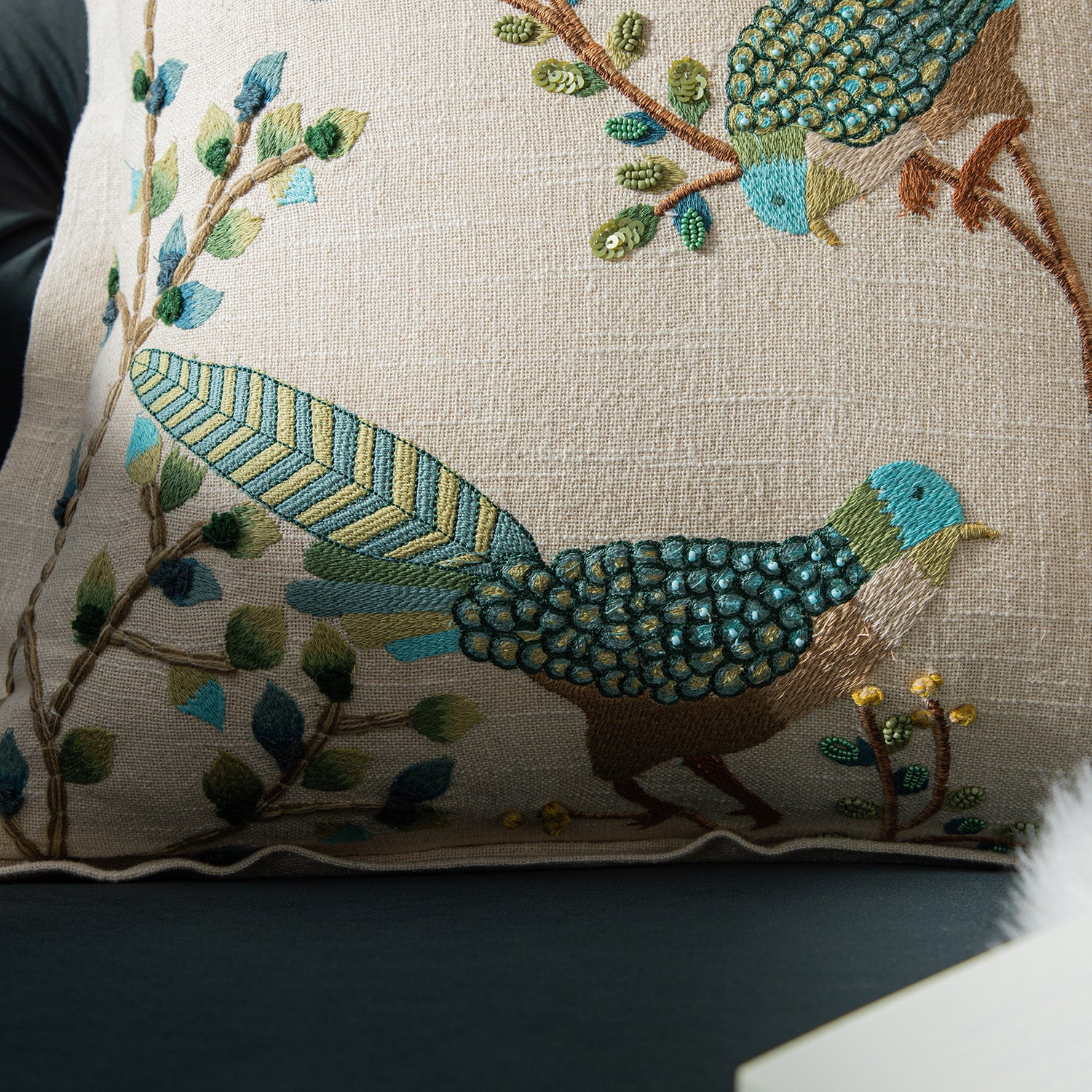Flora & Fauna Hand Embroidered Songbird Cushion - Image 3