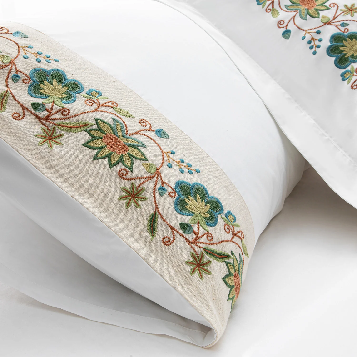 Flora & Fauna White Jacobean Floral Embroidered 300 Thread Count Cotton Percale Duvet Set - Image 3