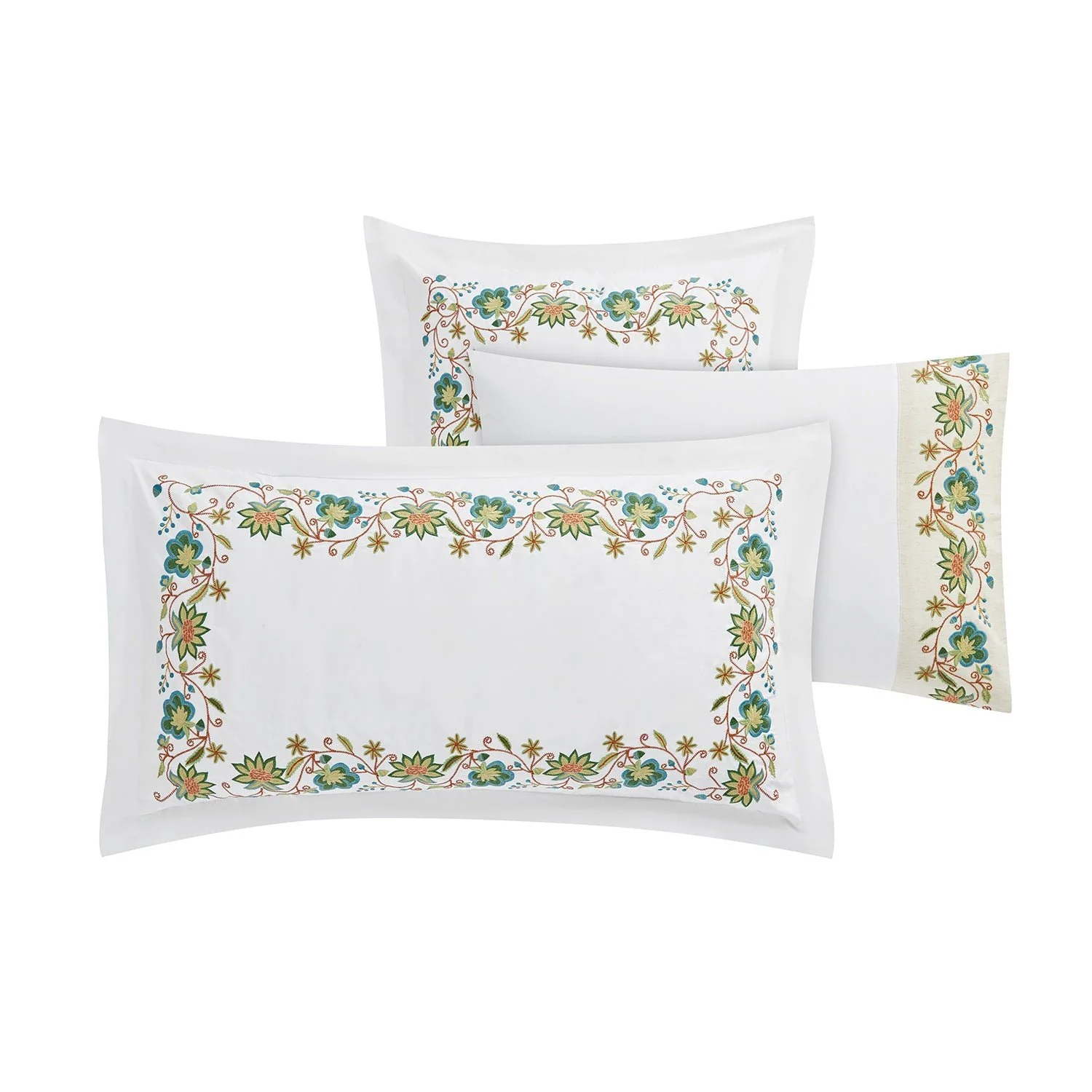 Flora & Fauna White Jacobean Floral Embroidered 300 Thread Count Cotton Percale King Size Oxford Pillowcases - Pair - Image 2