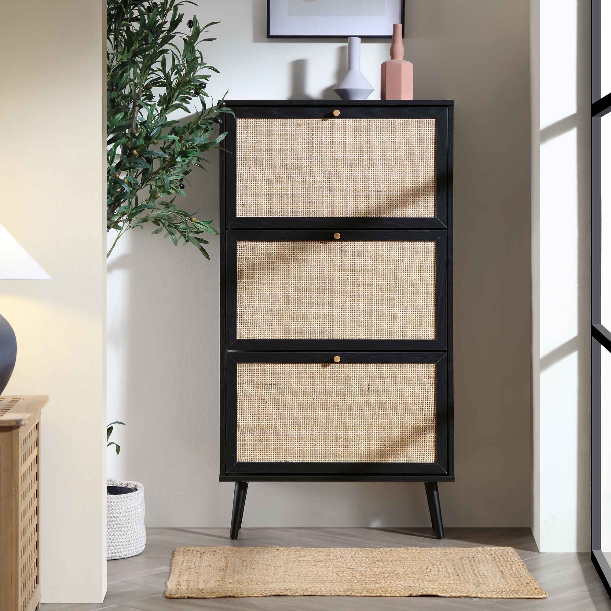 Frances Rattan 3 Tier Shoe Storage Cabinet, Black - Image 2