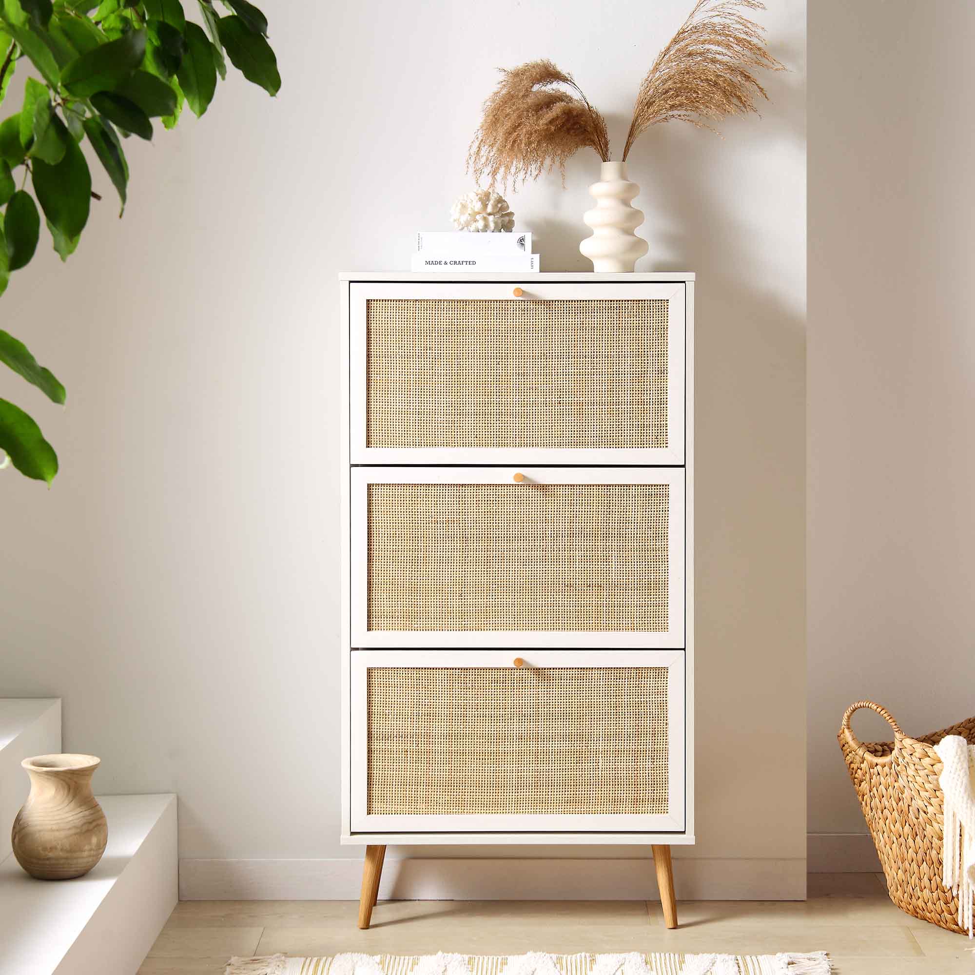 Frances Rattan 3 Tier Shoe Storage Cabinet, White - Image 2