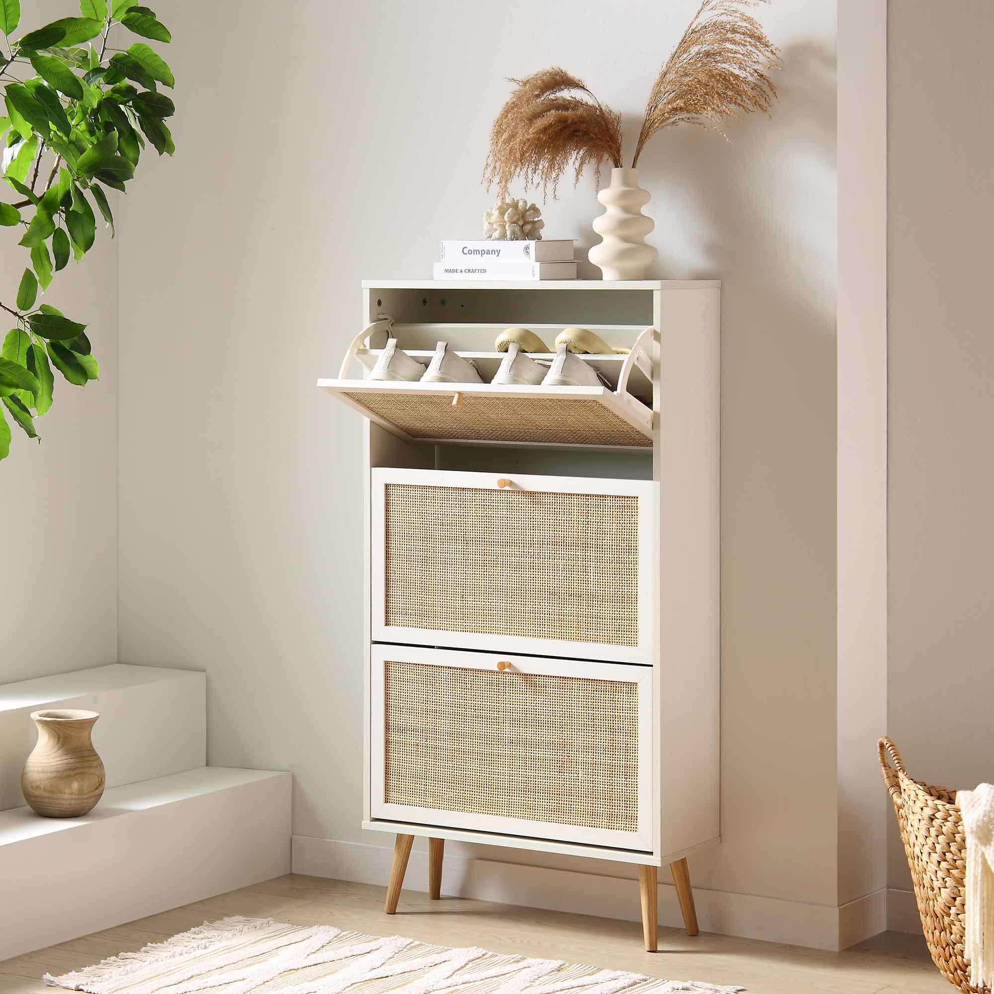 Frances Rattan 3 Tier Shoe Storage Cabinet, White - Image 3