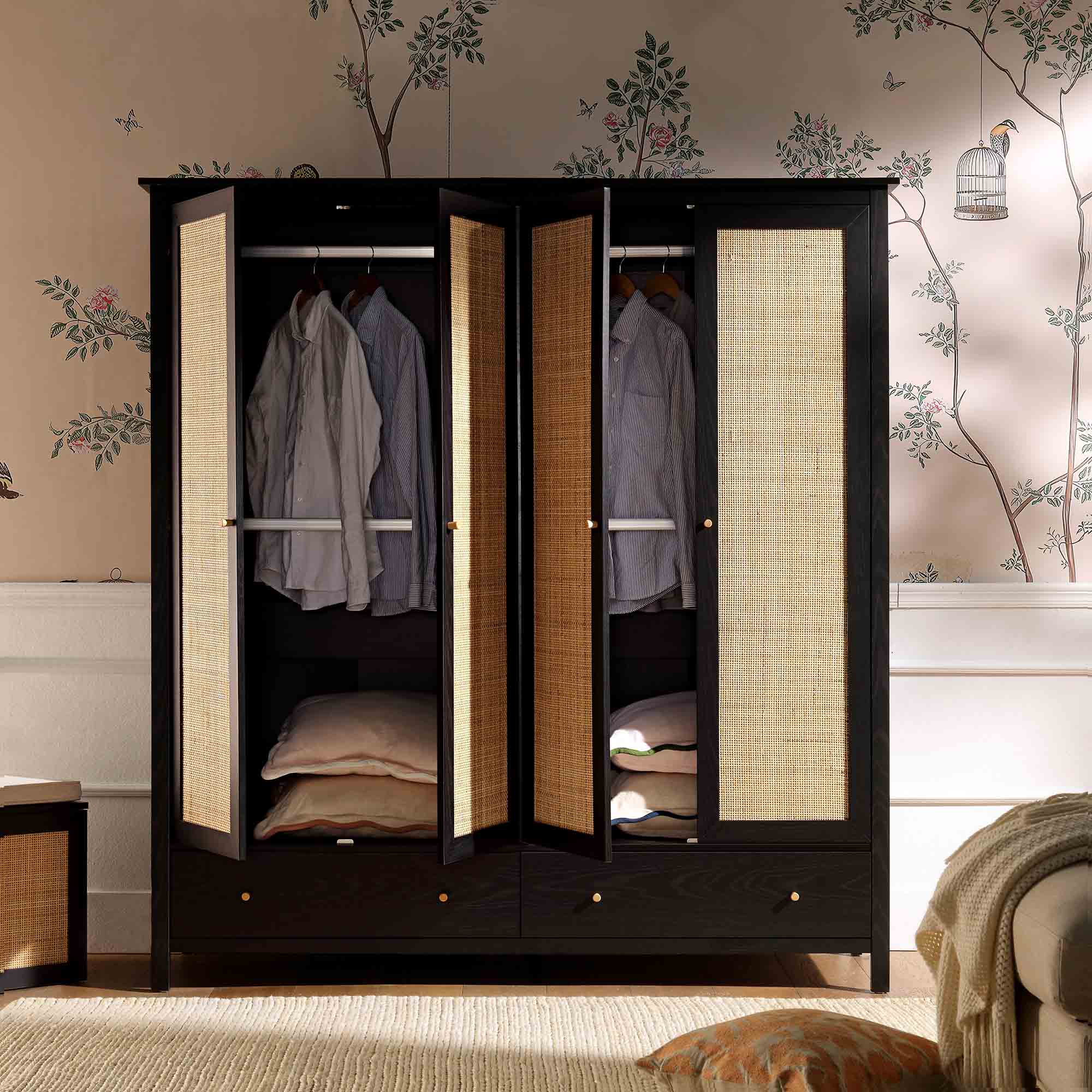 Frances Rattan 4-Door Wardrobe with 2 Drawers, Black - Image 3