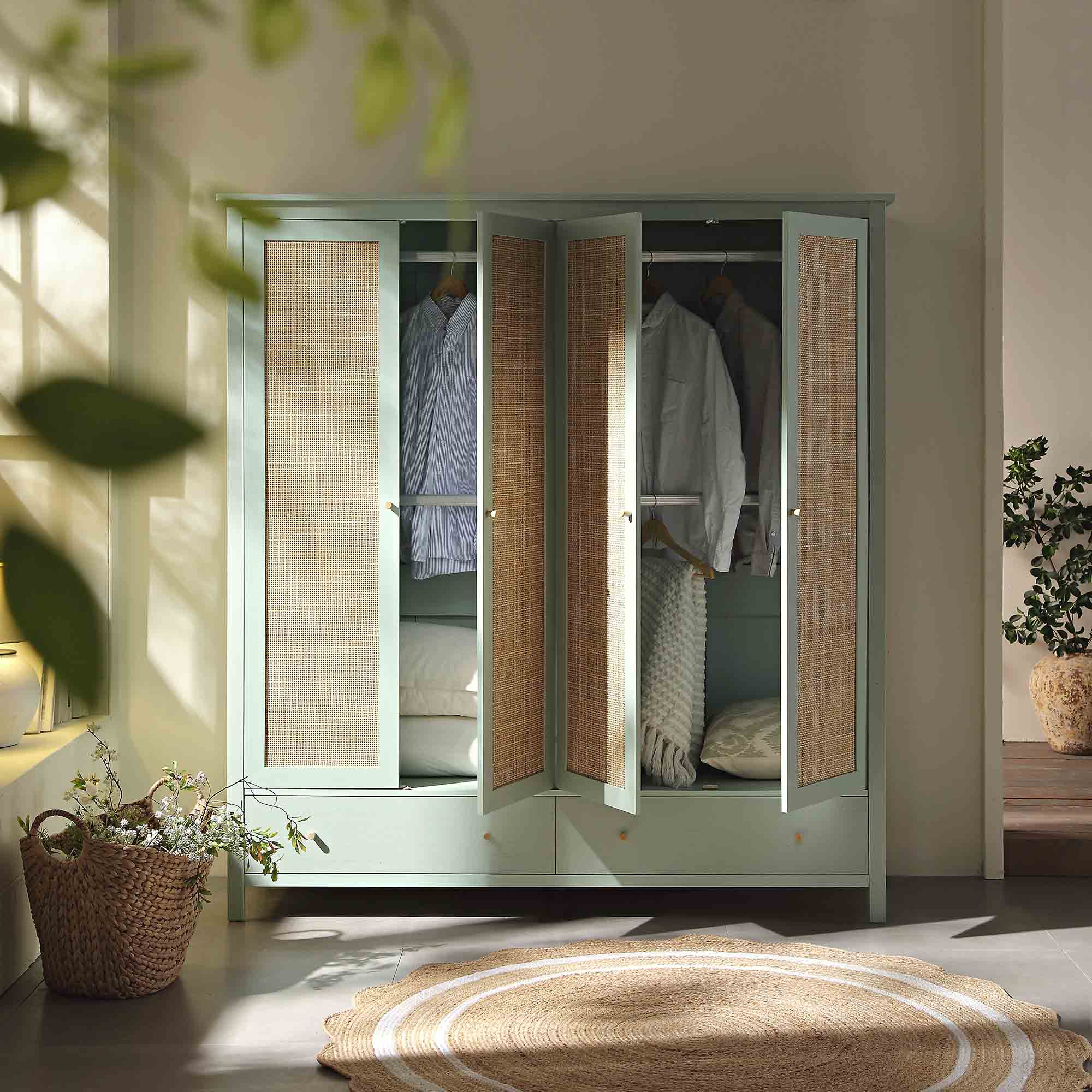 Frances Rattan 4-Door Wardrobe with 2 Drawers, Mint - Image 3
