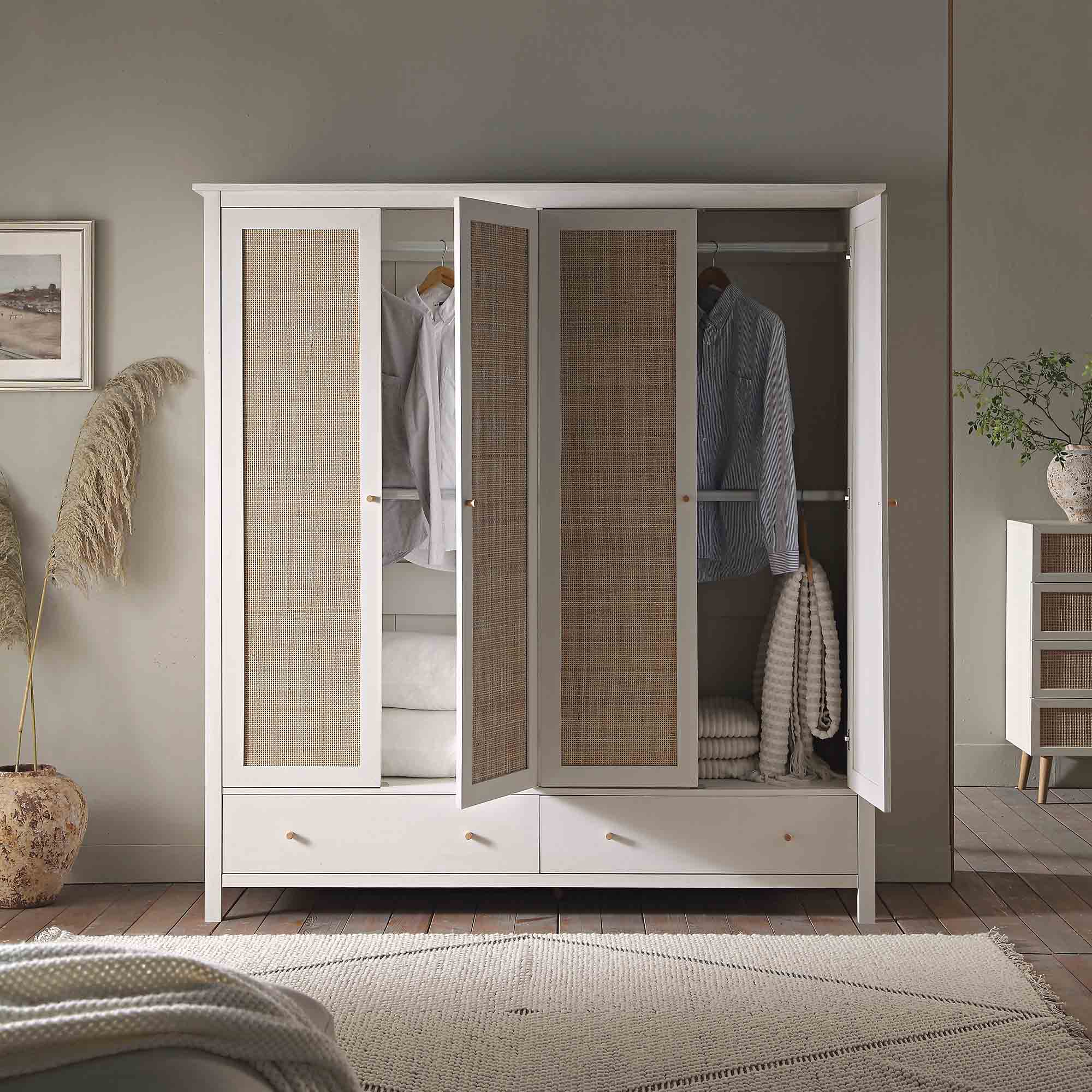 Frances Rattan 4-Door Wardrobe with 2 Drawers, White - Image 3