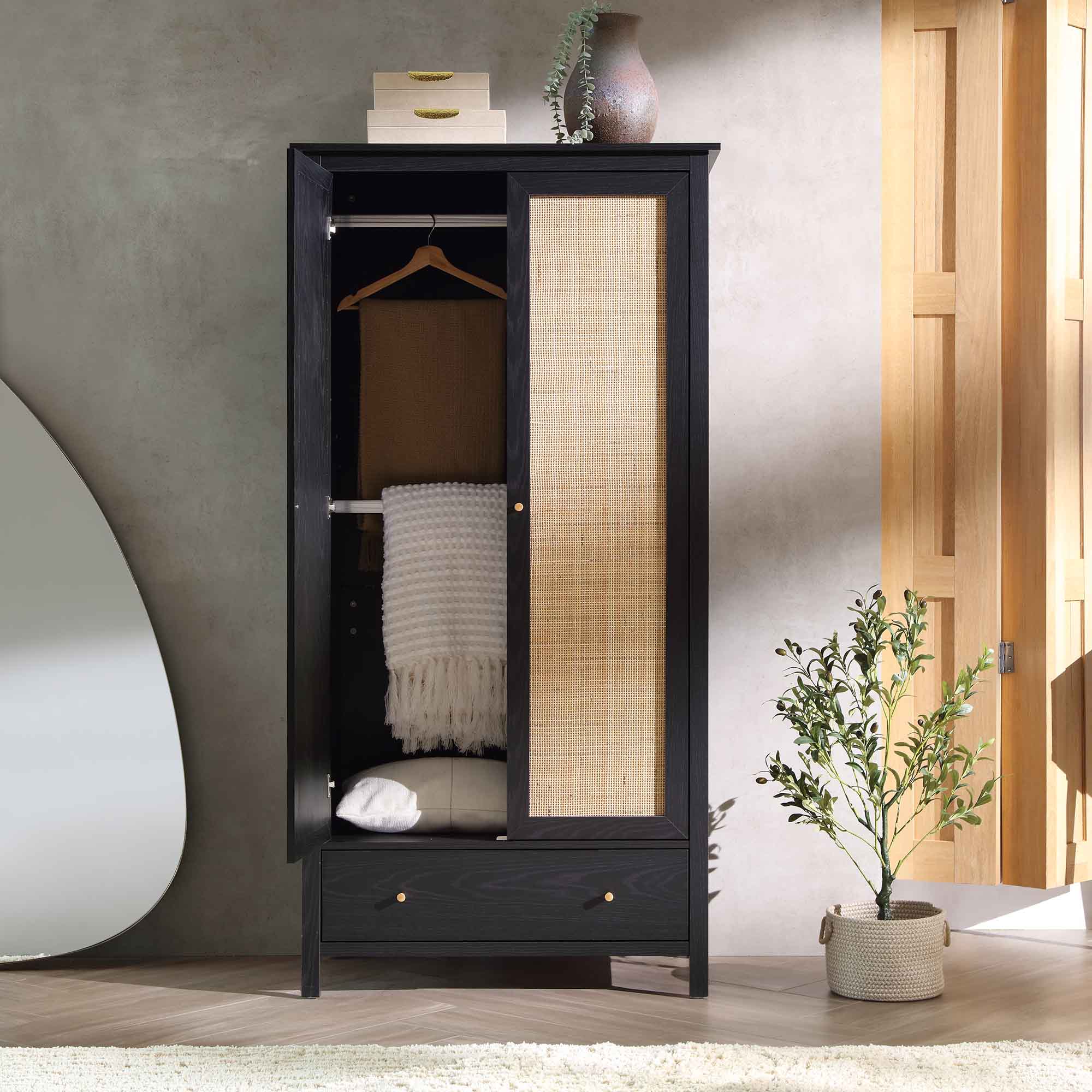 Frances Rattan Double Wardrobe with 1 Drawer, Black - Image 3