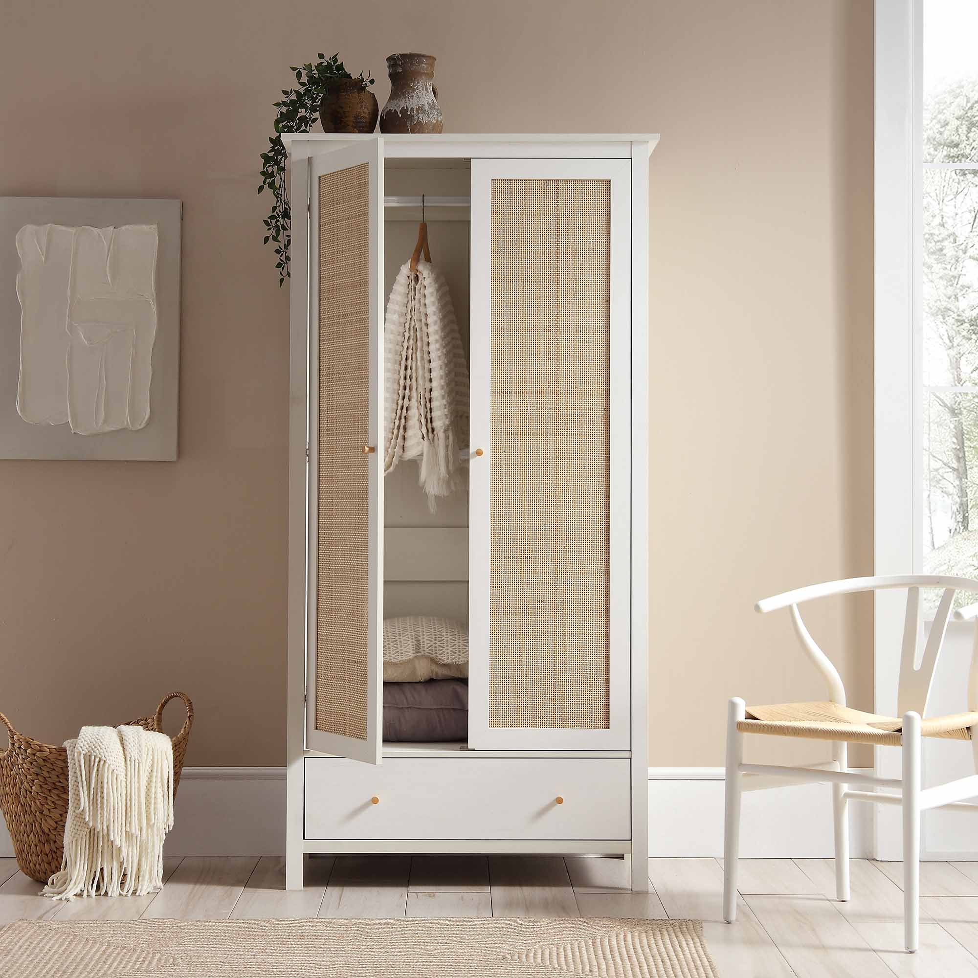 Frances Rattan Double Wardrobe with 1 Drawer, White - Image 3