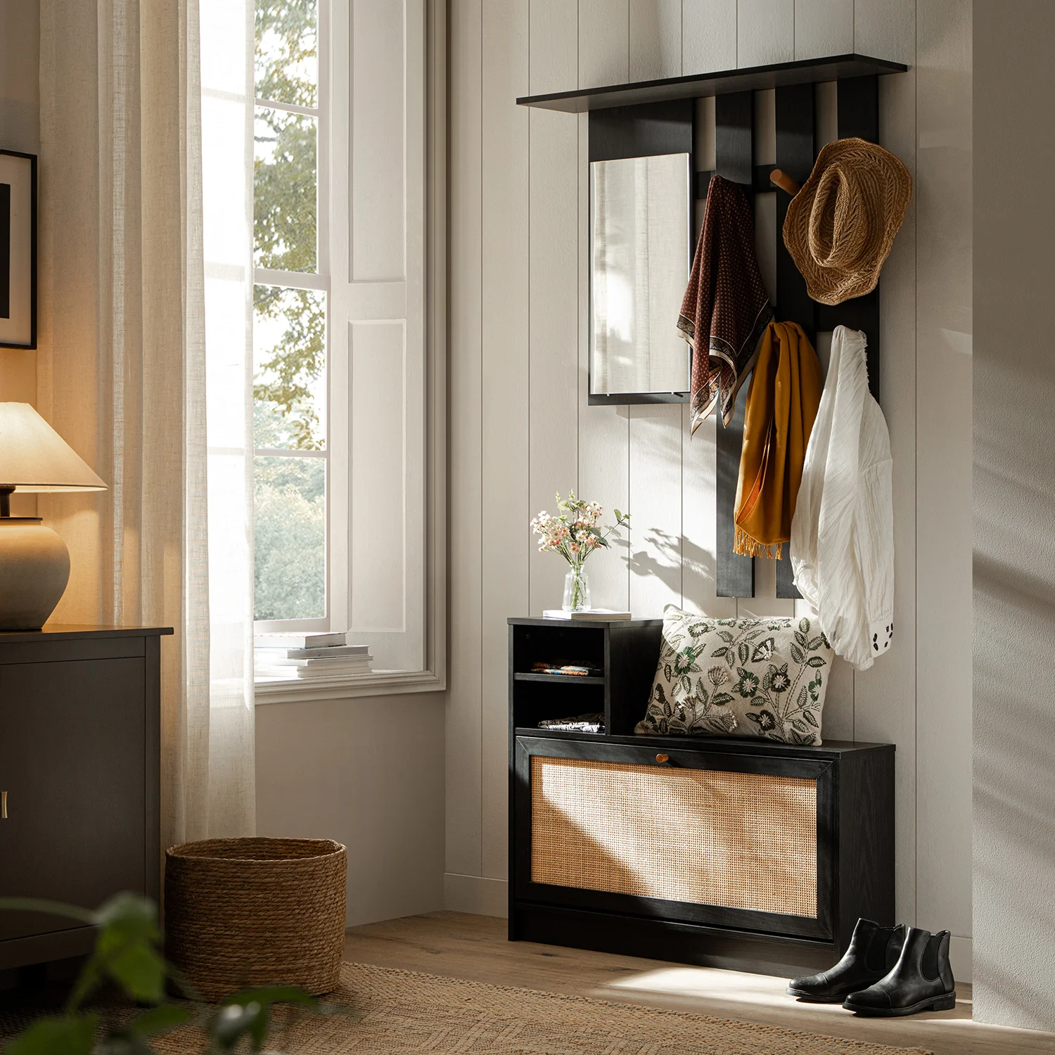 Frances Rattan Hallway Unit with Mirror, Black - Image 3