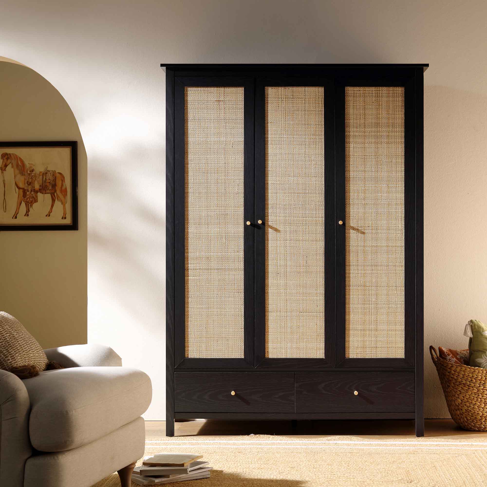 Frances Rattan Triple Wardrobe with 2 Drawers, Black - Image 2