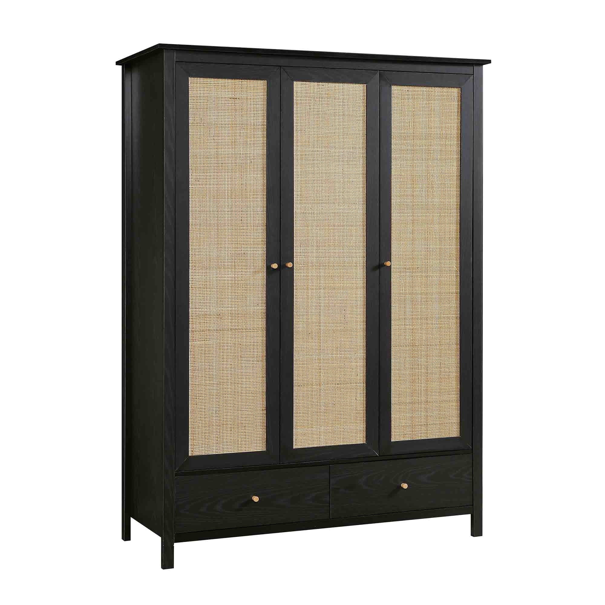 Frances Rattan Triple Wardrobe with 2 Drawers, Black - Image 5
