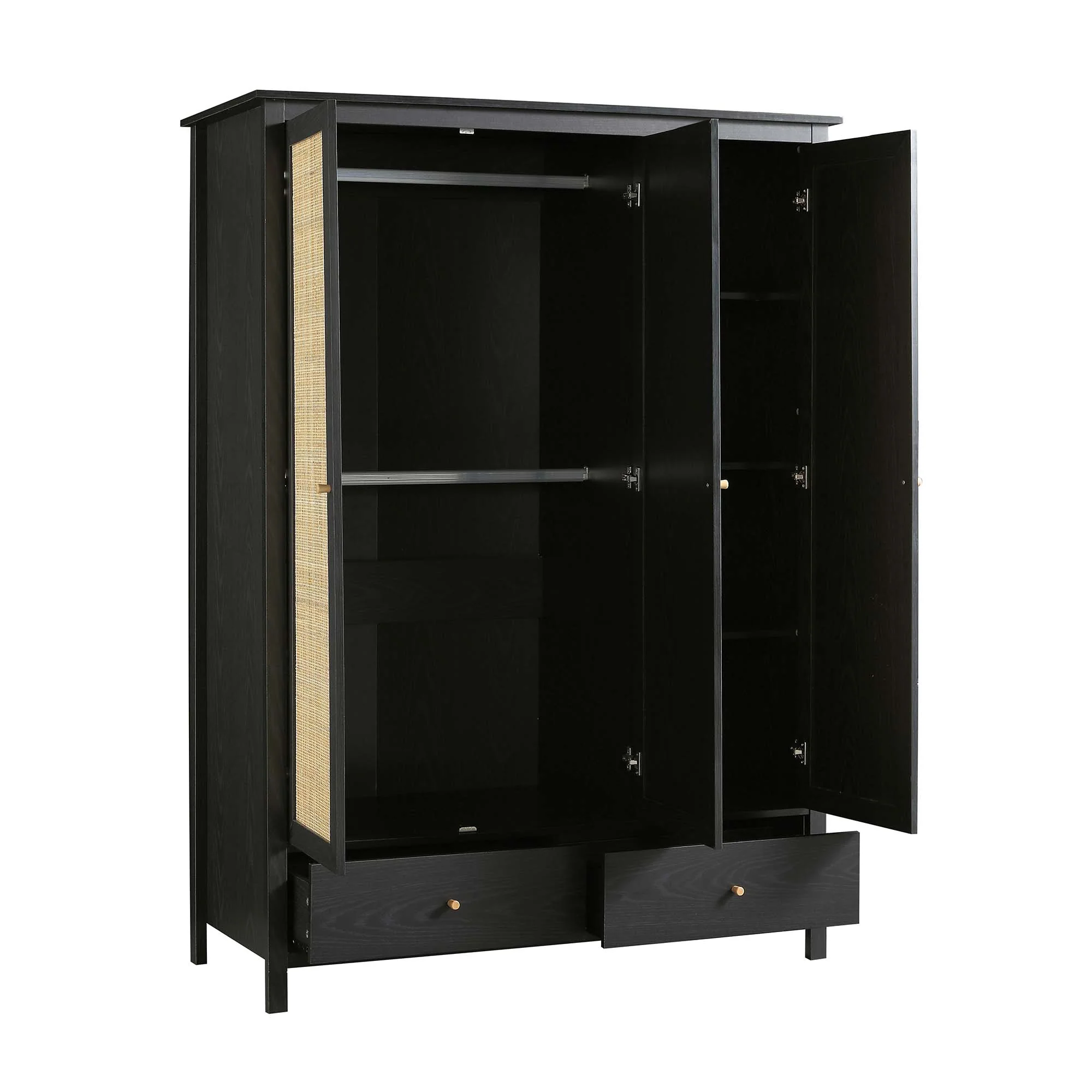 Frances Rattan Triple Wardrobe with 2 Drawers, Black - Image 7