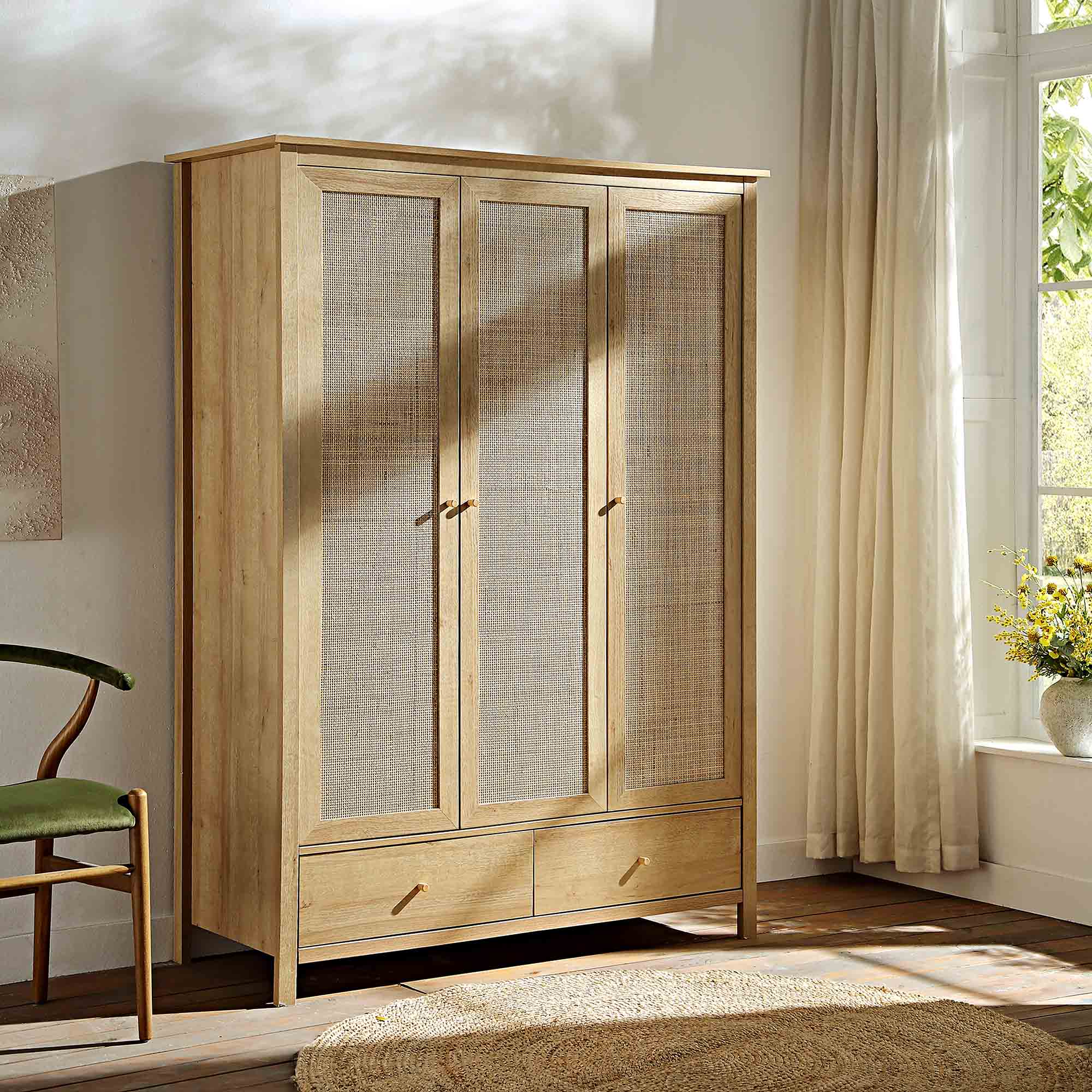 Frances Rattan Triple Wardrobe with 2 Drawers, Natural - Image 2