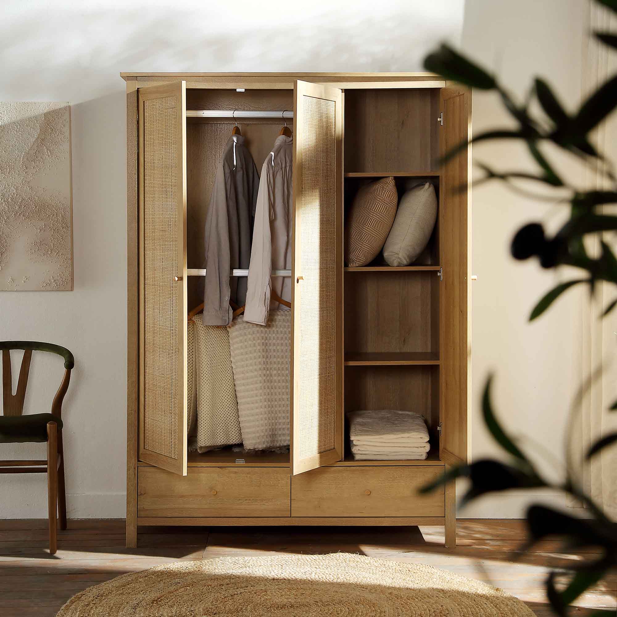 Frances Rattan Triple Wardrobe with 2 Drawers, Natural - Image 3