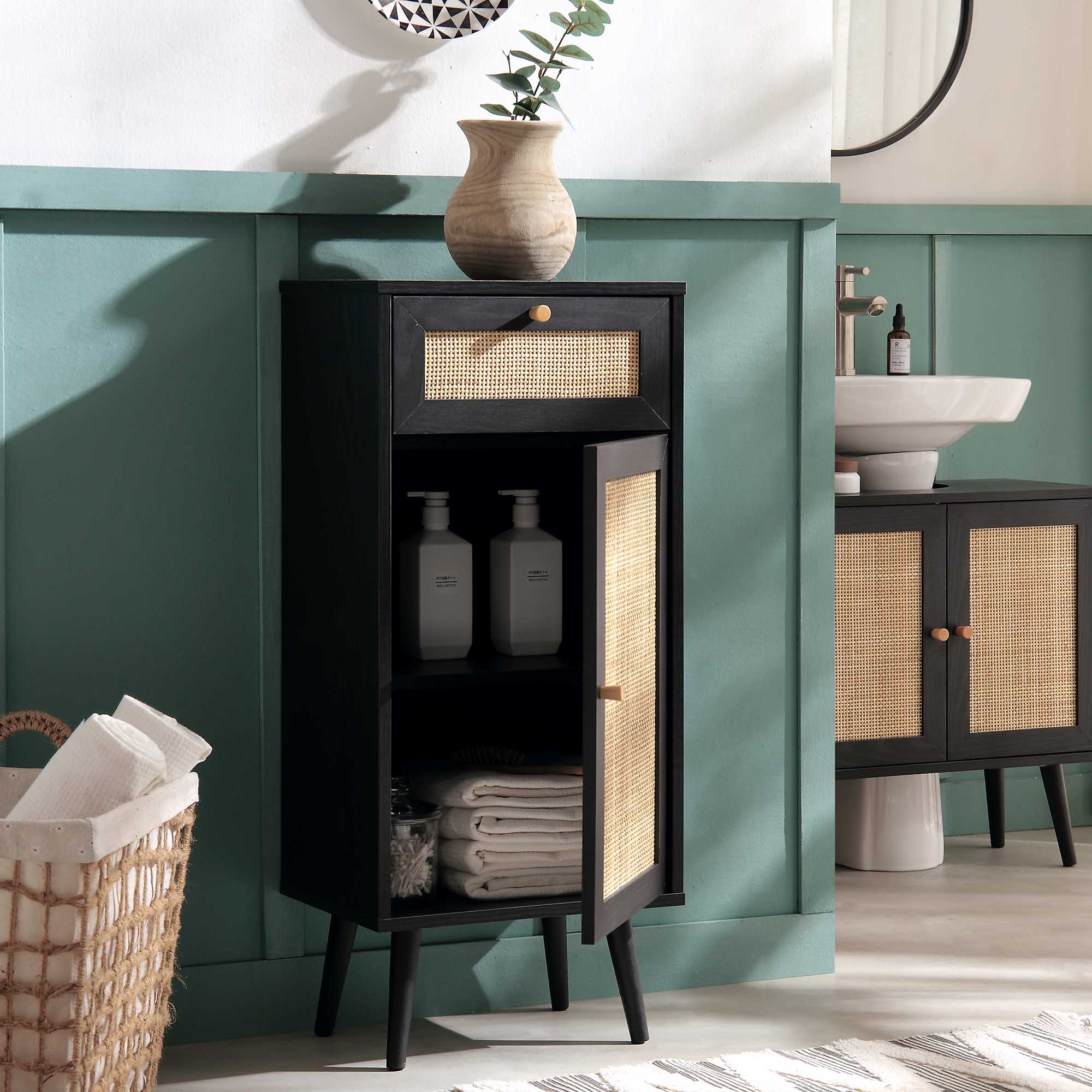 Frances Woven Rattan 1-Door Bathroom Cabinet, Black - Image 3