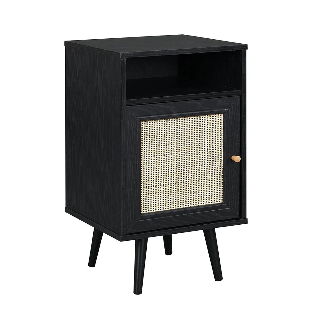Frances Woven Rattan 1-Door Bedside Table in Black Colour - Image 3