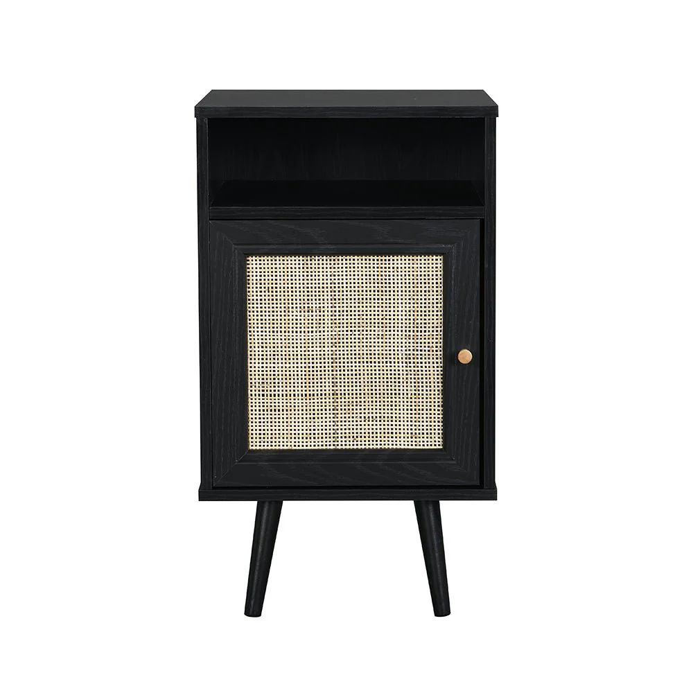 Frances Woven Rattan 1-Door Bedside Table in Black Colour - Image 4