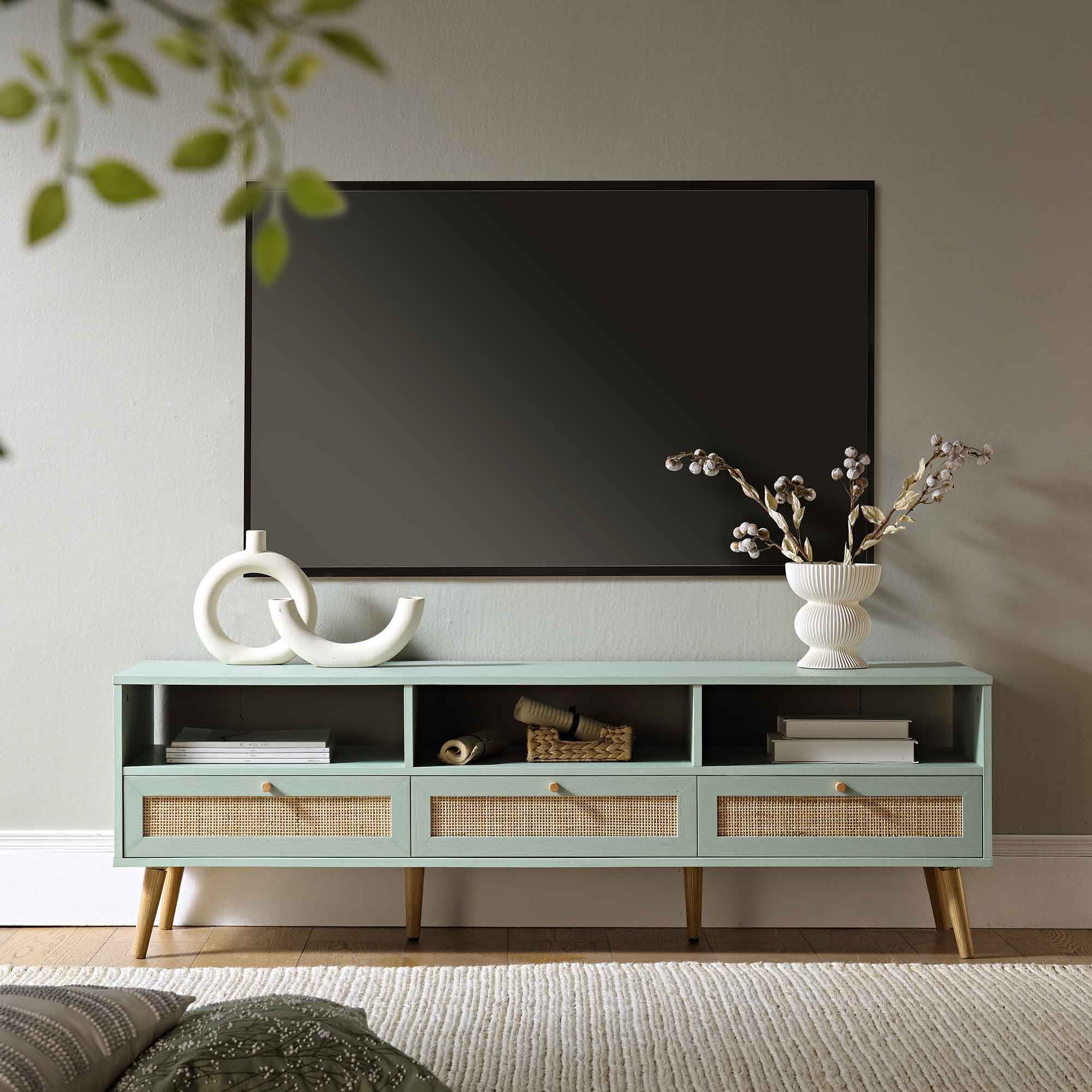 Frances Woven Rattan 160cm 3-Drawer TV Unit, Mint - Image 2