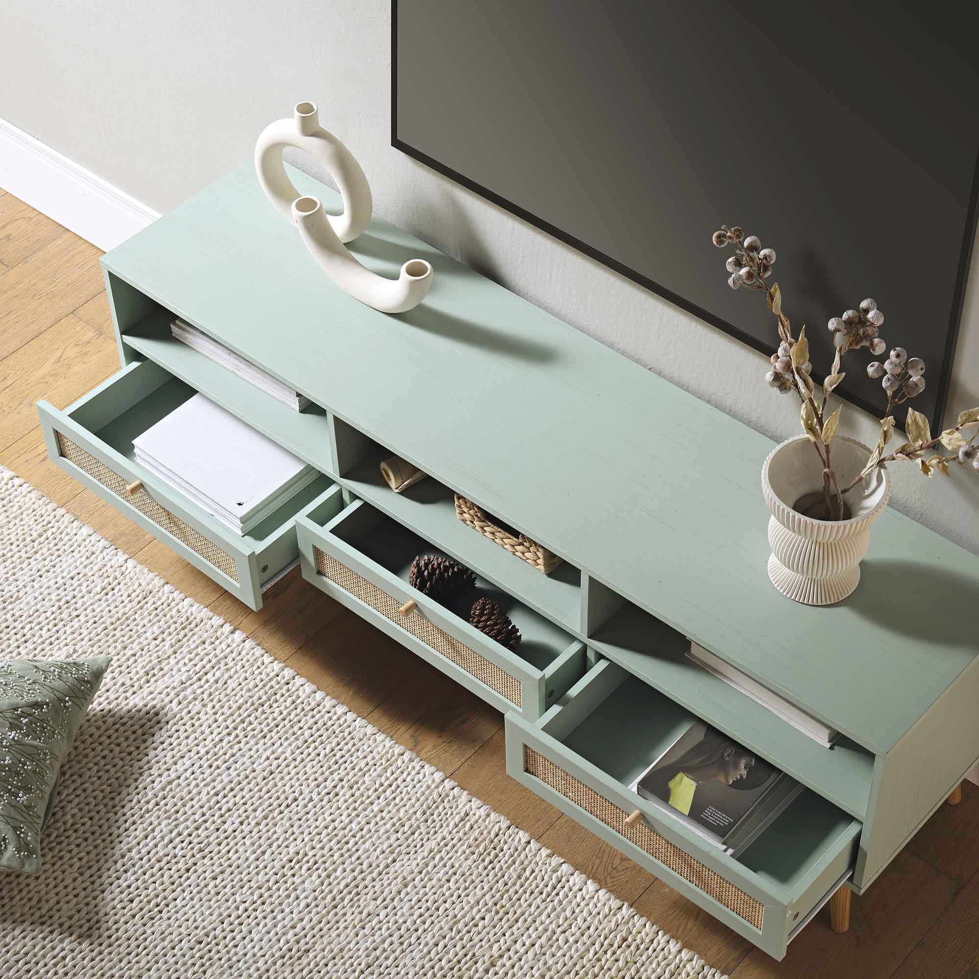 Frances Woven Rattan 160cm 3-Drawer TV Unit, Mint - Image 3