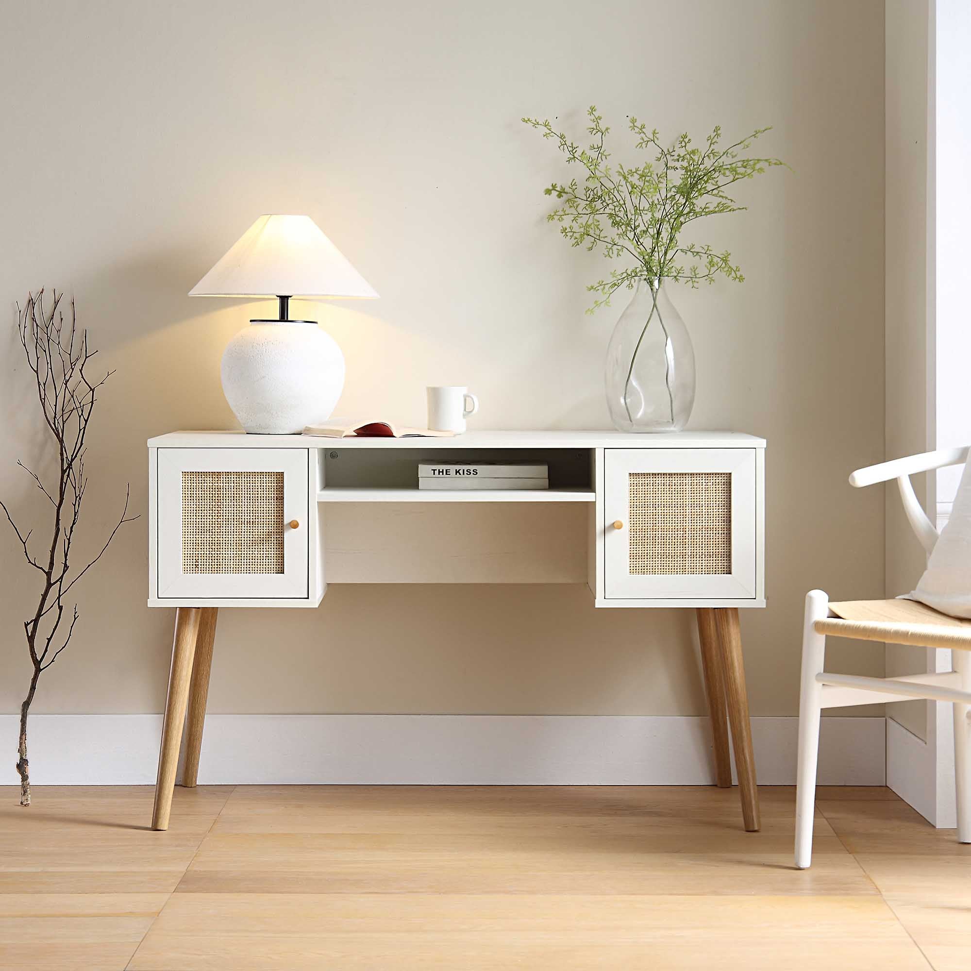 Frances Woven Rattan 2-Door Desk, White - Image 2