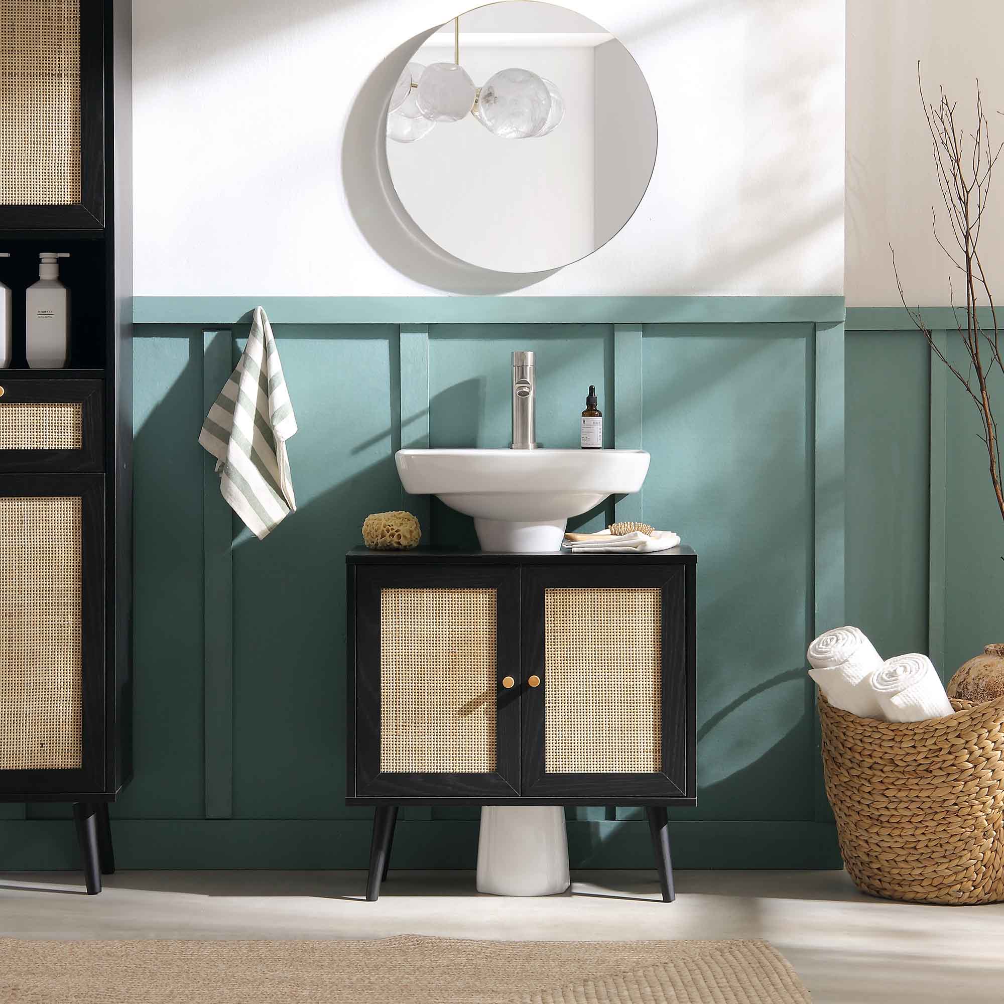 Frances Woven Rattan 2-Door Bathroom Undersink Unit, Black - Image 3