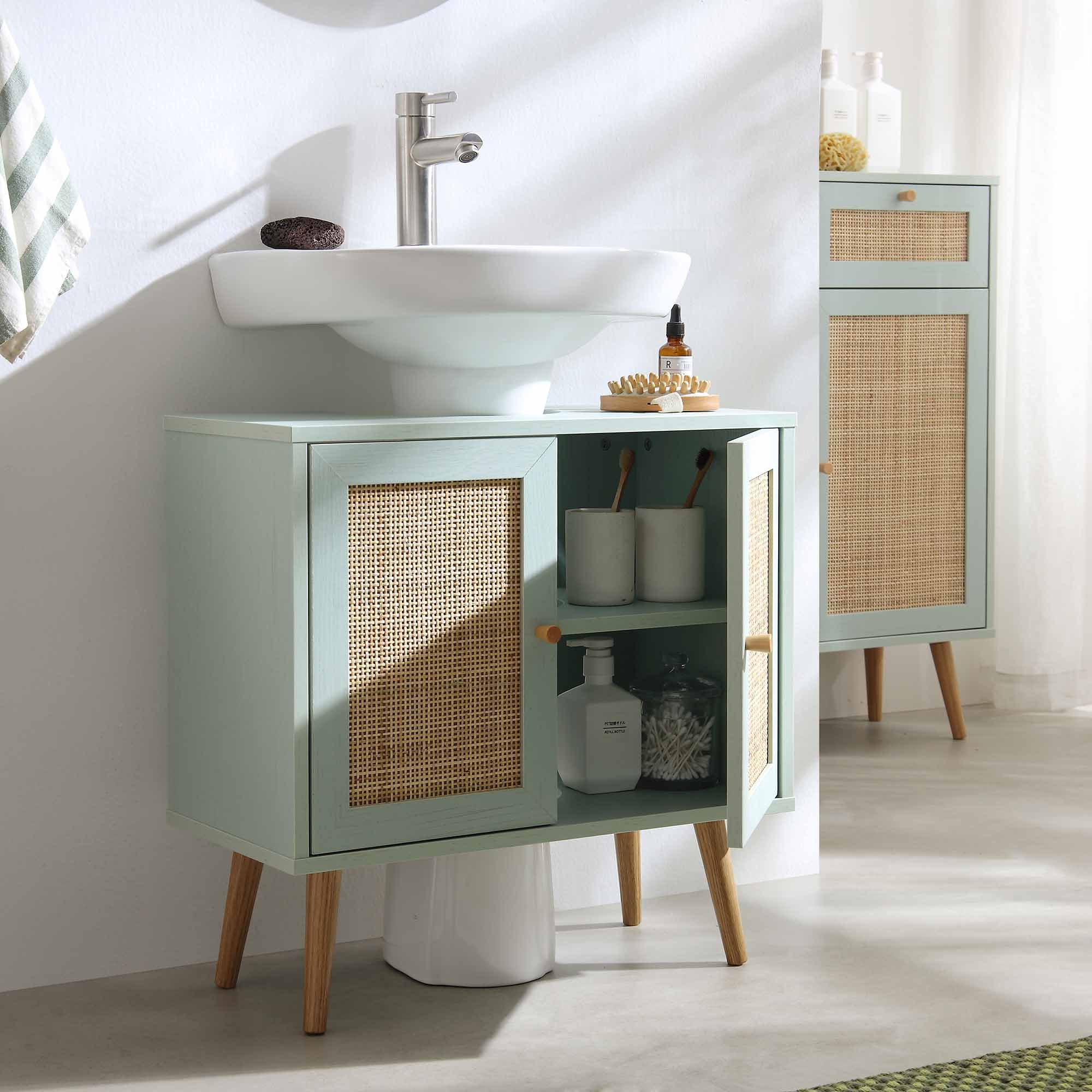 Frances Woven Rattan 2-Door Bathroom Undersink Unit, Mint Green - Image 3