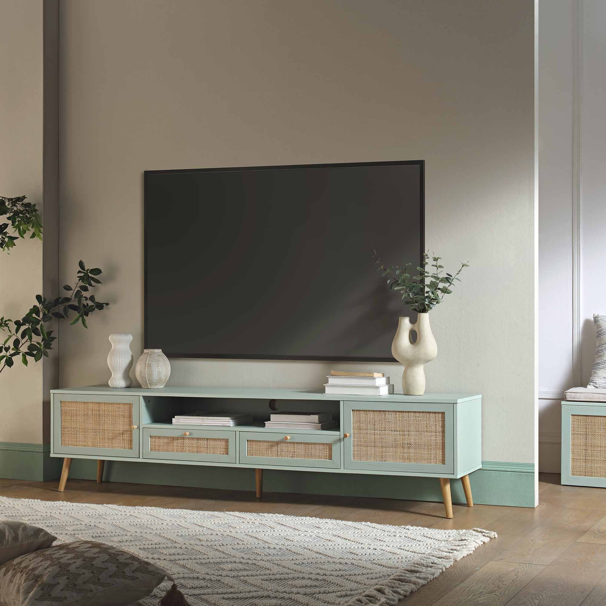 Frances Woven Rattan 200cm Wide TV Unit, Mint - Image 2
