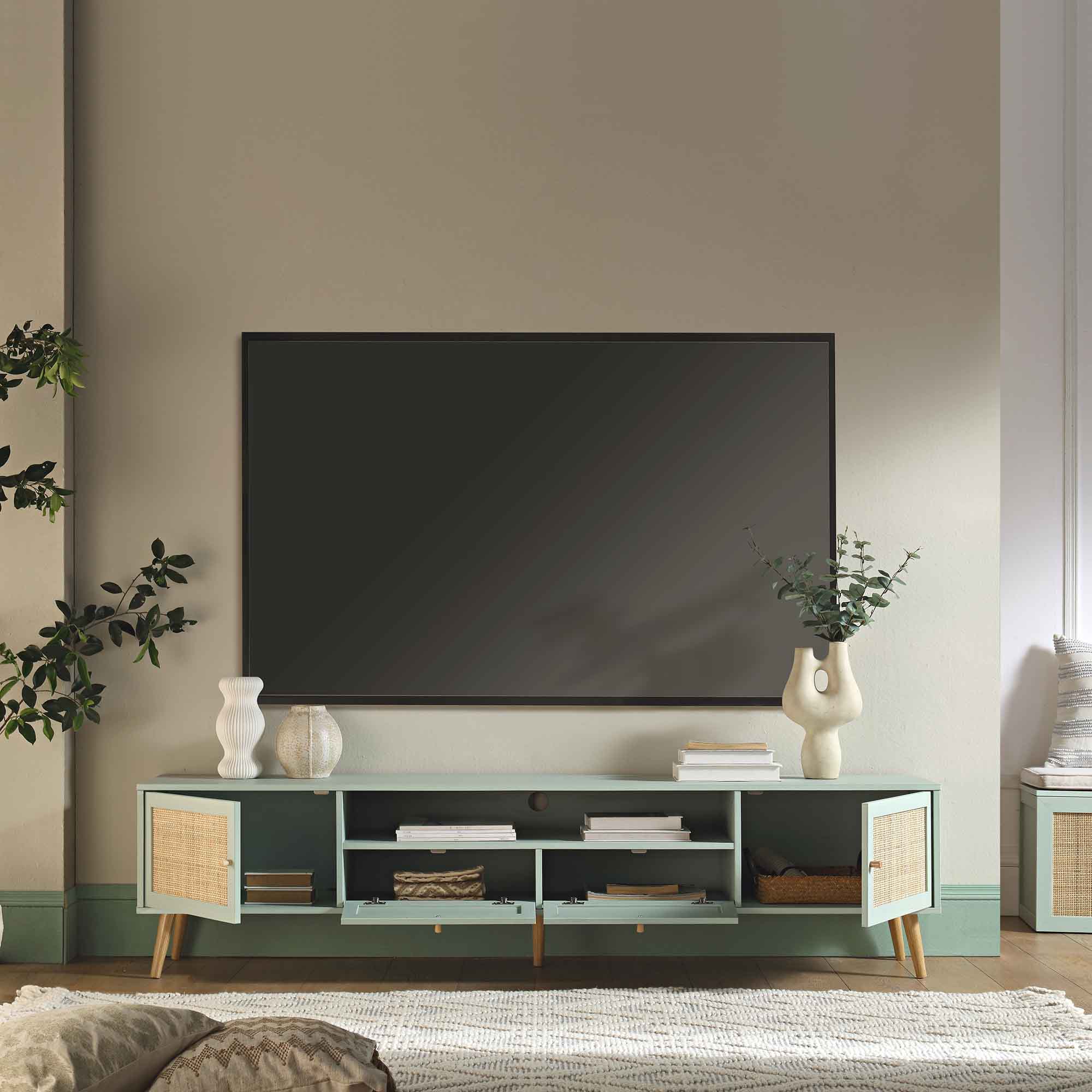 Frances Woven Rattan 200cm Wide TV Unit, Mint - Image 3