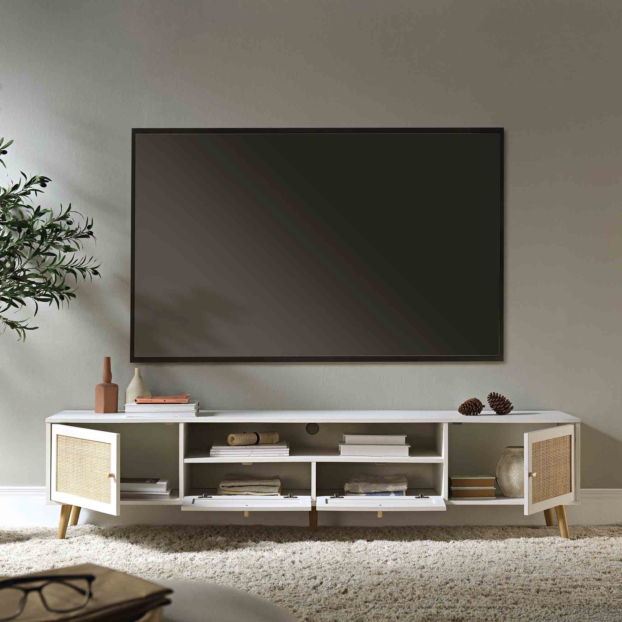 Frances Woven Rattan 200cm Wide TV Unit, White - Image 3