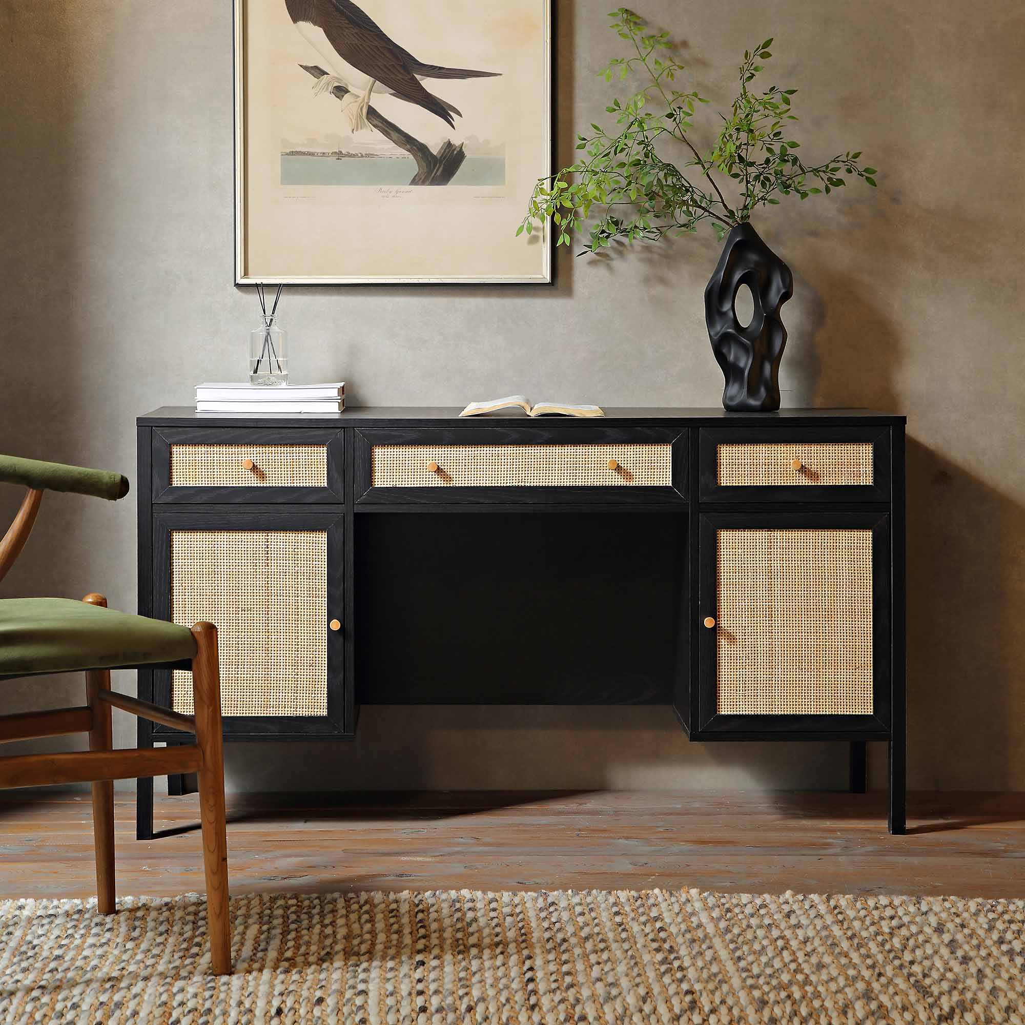 Frances Woven Rattan 3-Drawer Desk, Black - Image 2