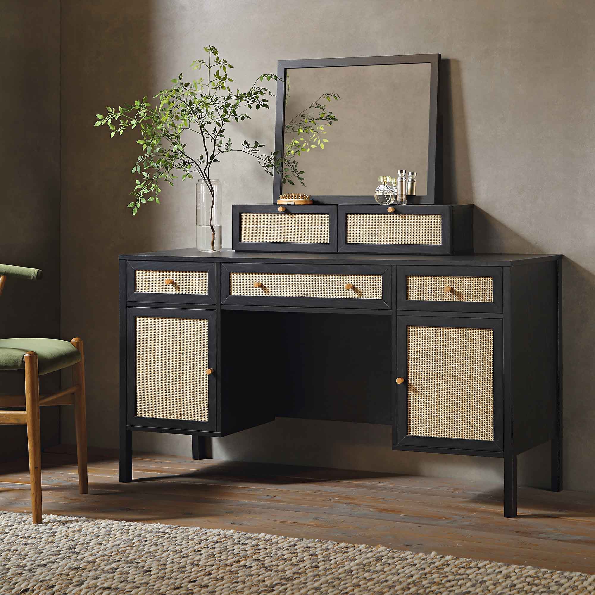 Frances Woven Rattan 3-Drawer Desk, Black - Image 4