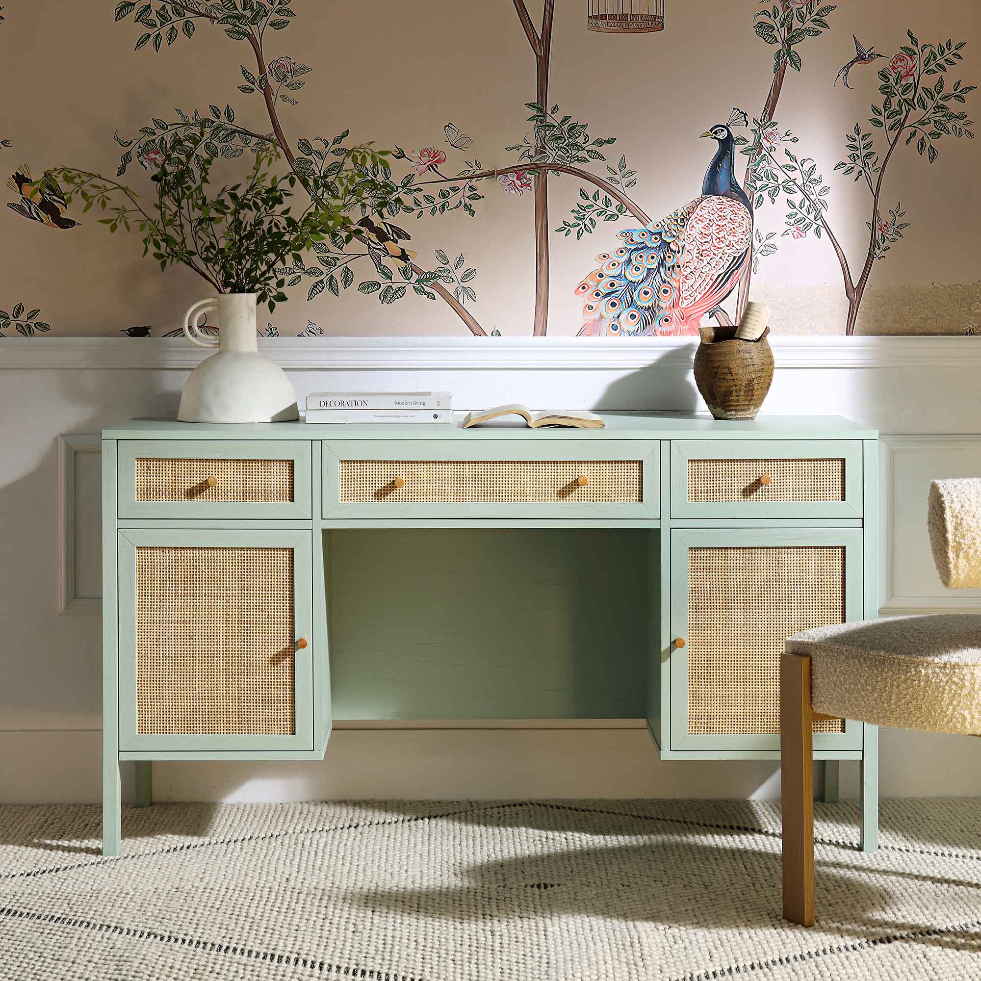 Frances Woven Rattan 3-Drawer Desk, Mint - Image 2