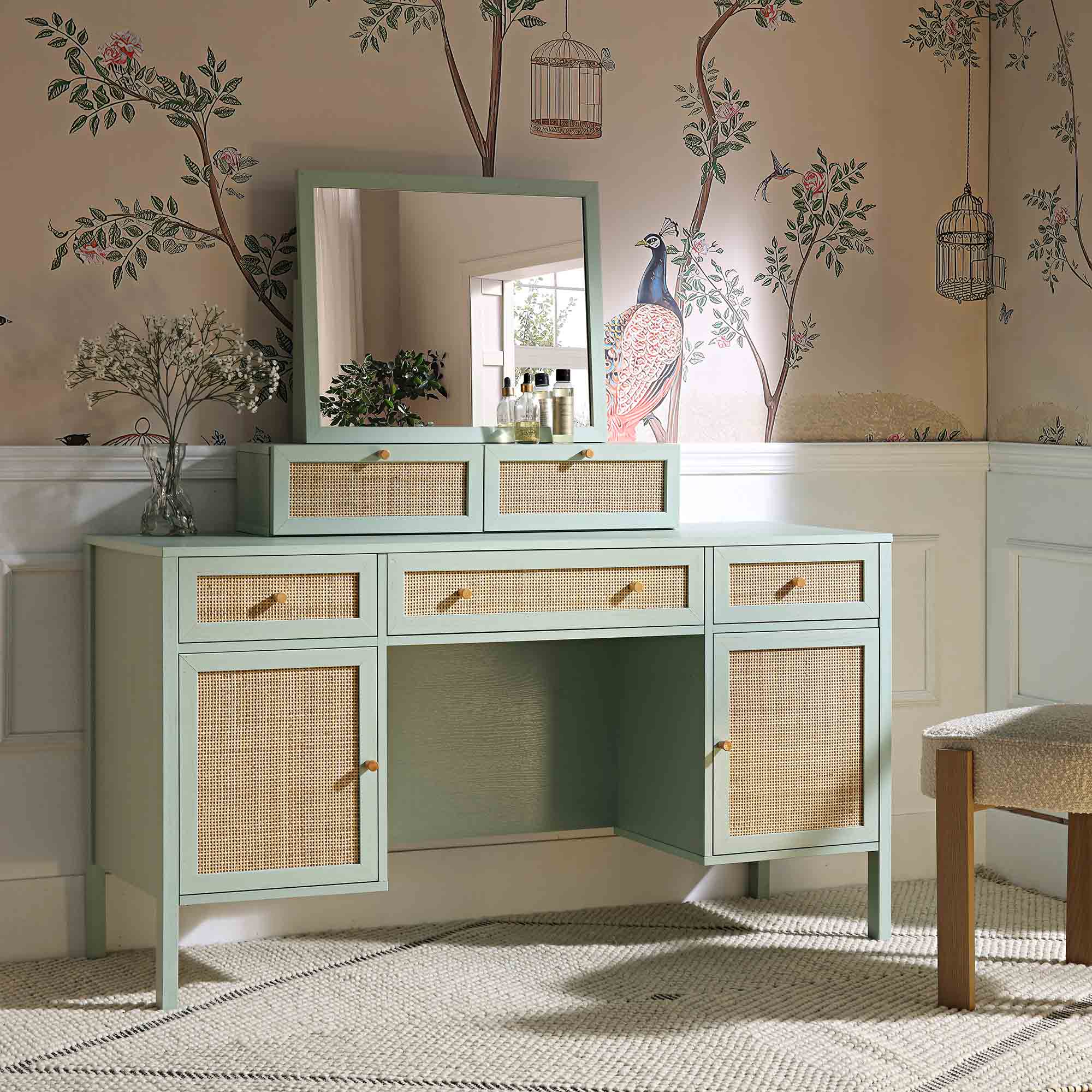 Frances Woven Rattan 3-Drawer Desk, Mint - Image 4