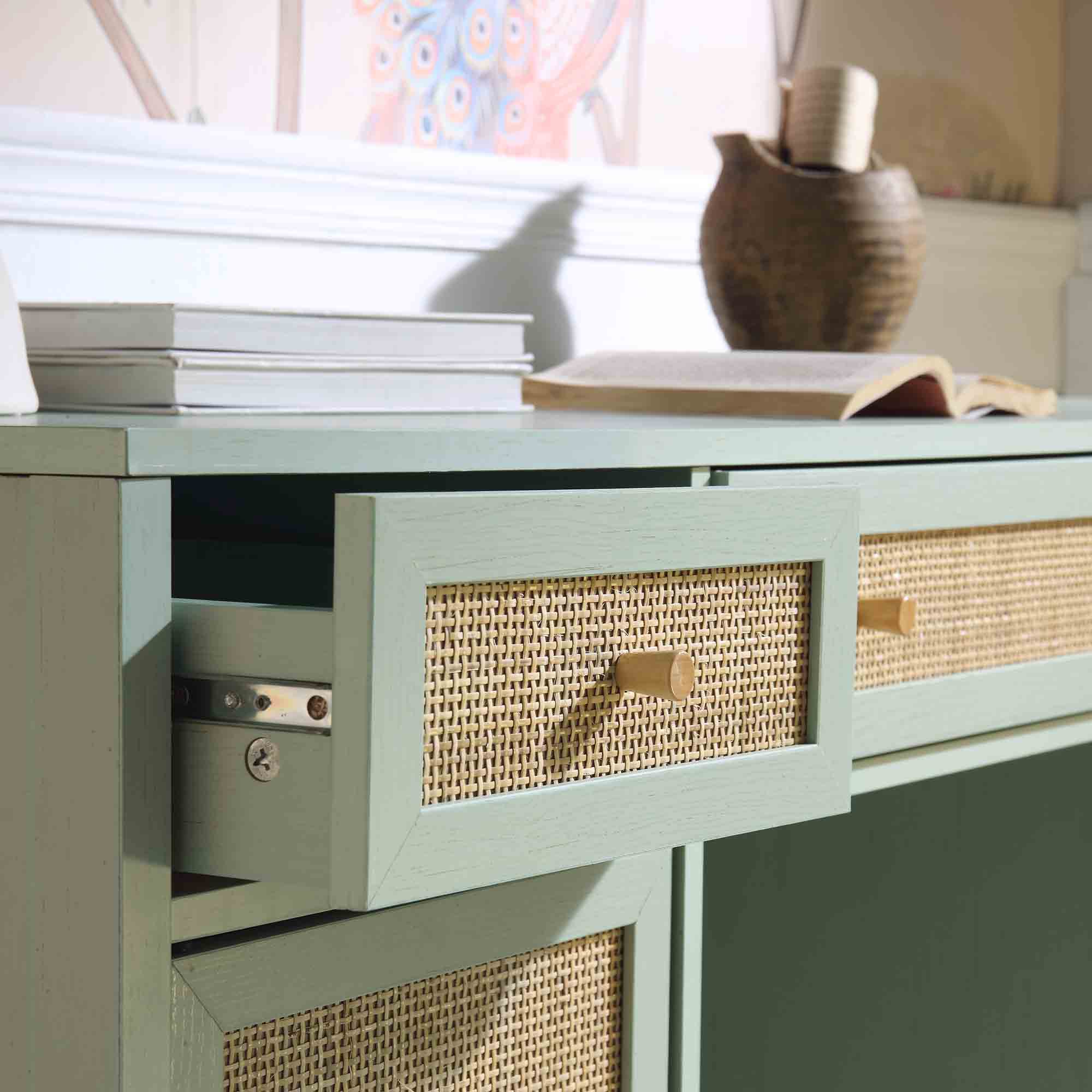 Frances Woven Rattan 3-Drawer Desk, Mint - Image 5