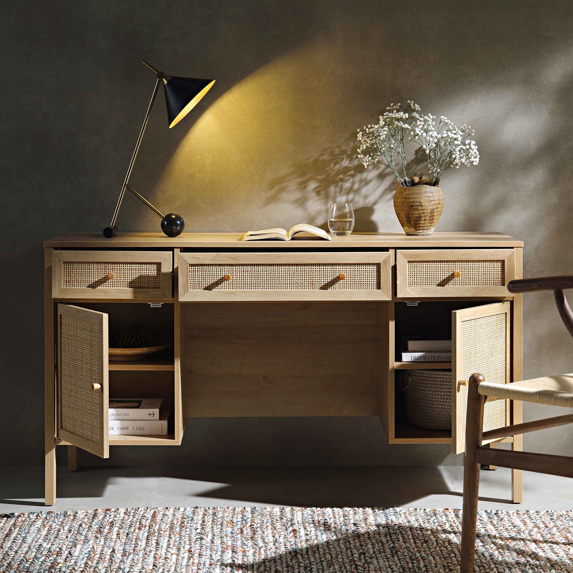 Frances Woven Rattan 3-Drawer Desk, Natural - Image 3