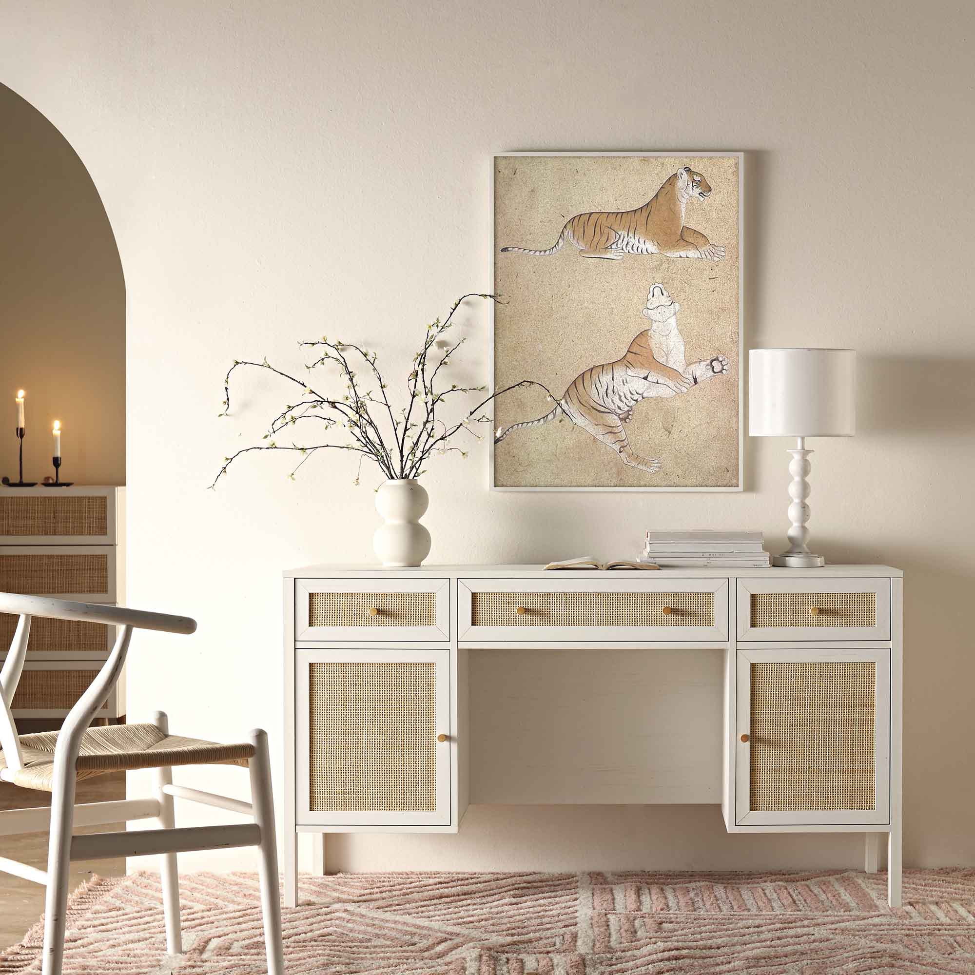 Frances Woven Rattan 3-Drawer Desk, White - Image 2