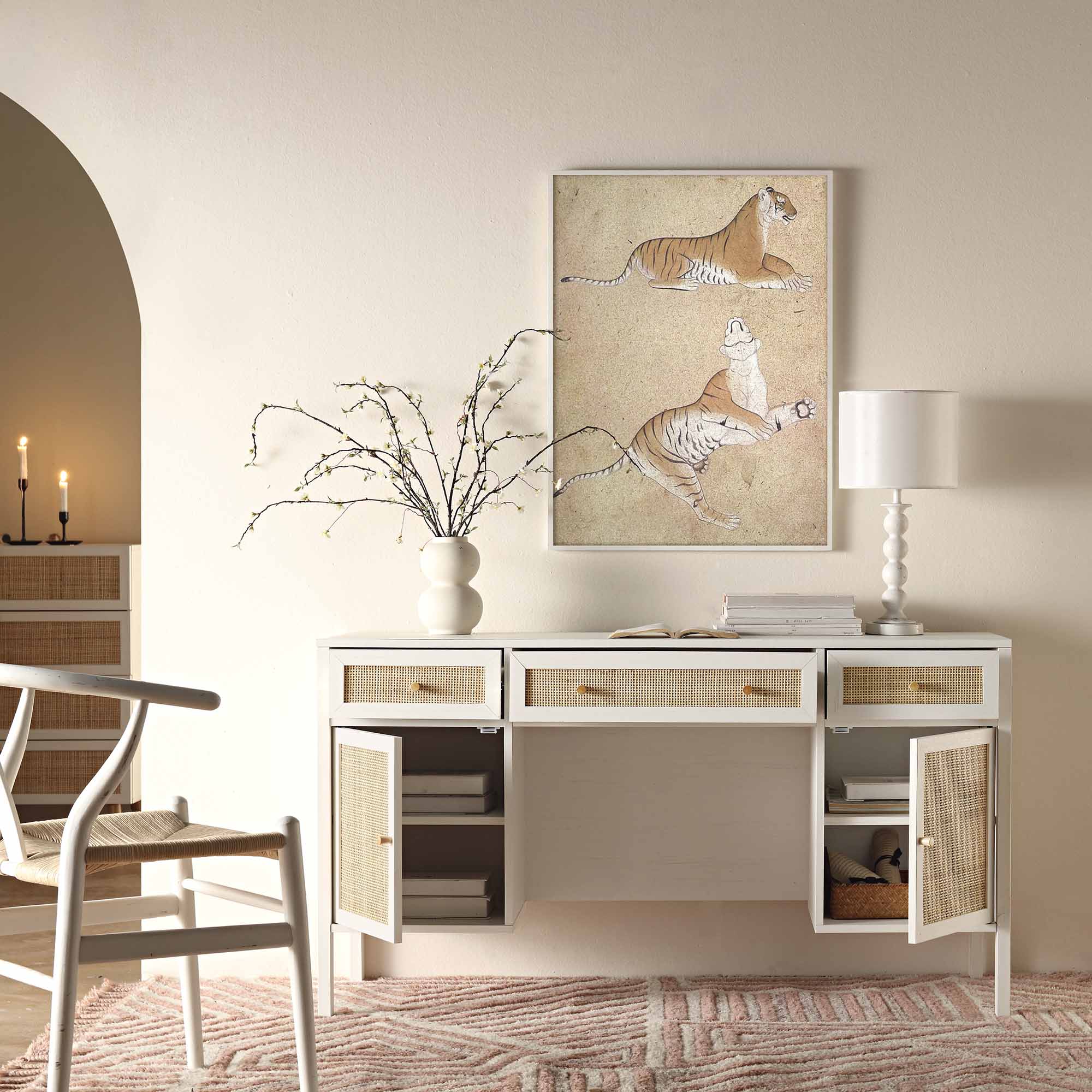 Frances Woven Rattan 3-Drawer Desk, White - Image 3