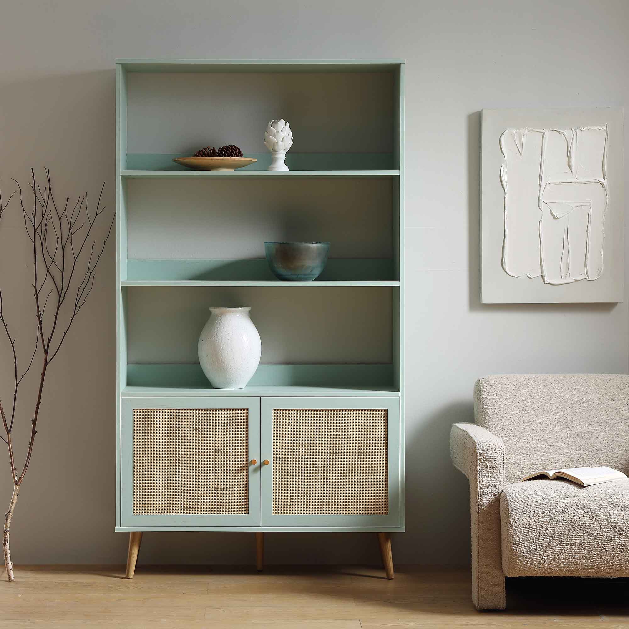 Frances Woven Rattan Bookcase with Doors, Mint - Image 3