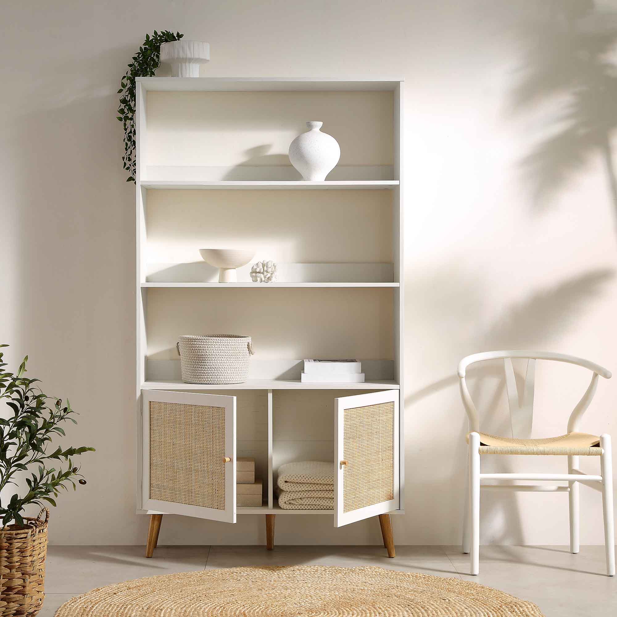 Frances Woven Rattan Bookcase with Doors, White - Image 2