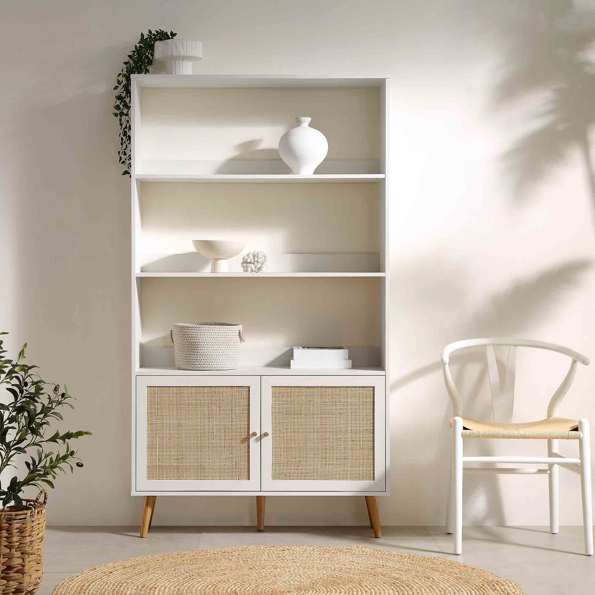 Frances Woven Rattan Bookcase with Doors, White - Image 3