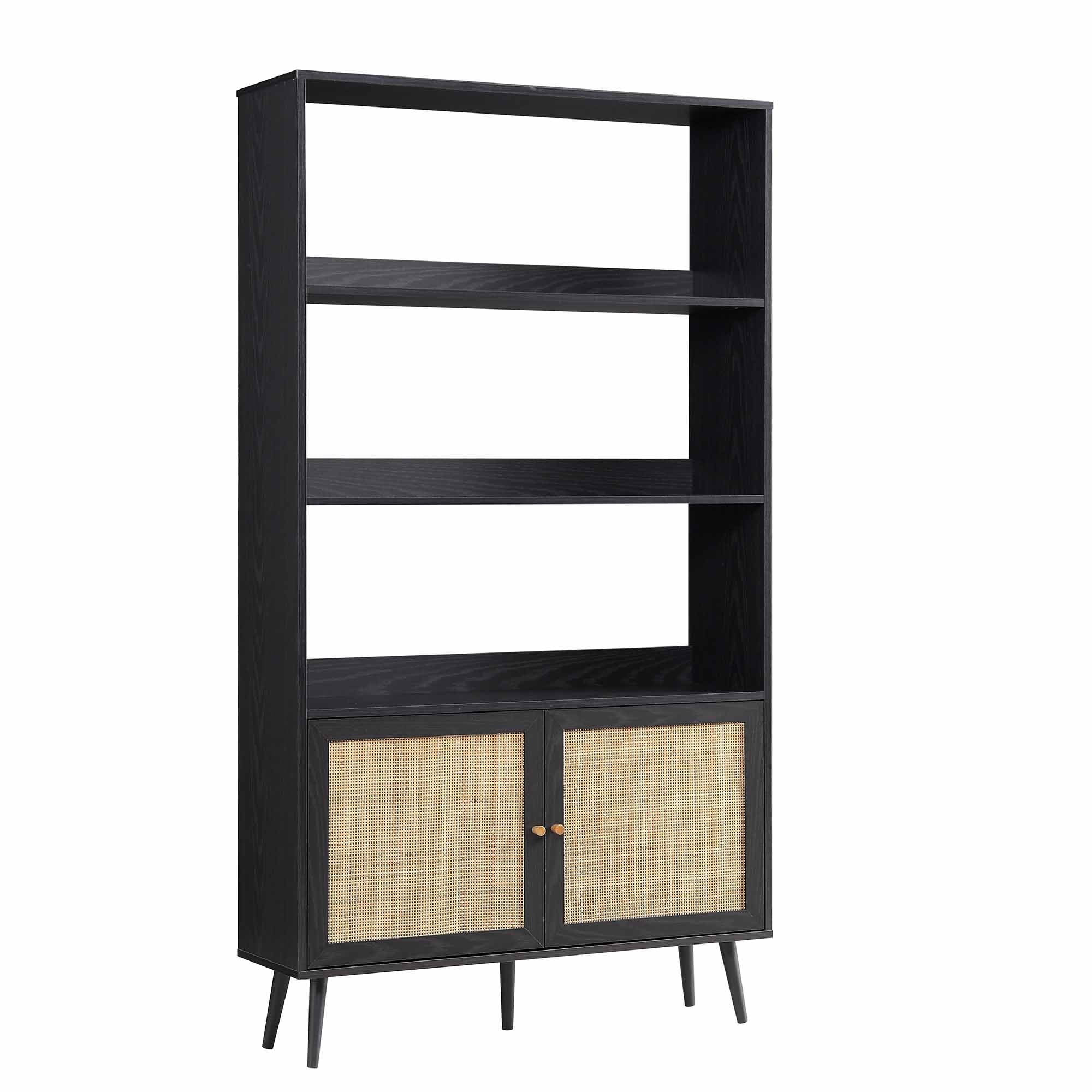 Frances Woven Rattan Bookcase with Doors, Black - Image 4