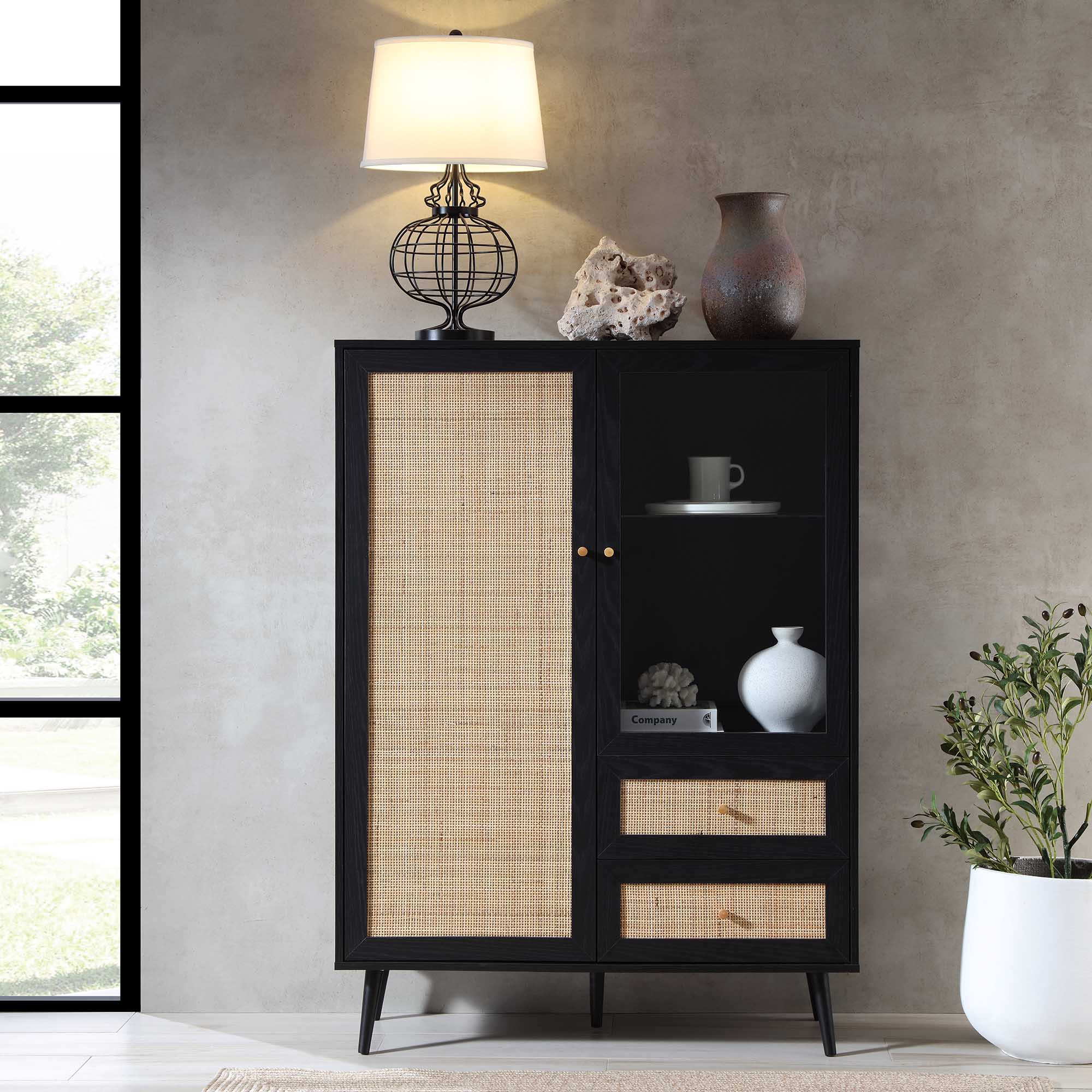 Frances Woven Rattan Display Cabinet, Black - Image 2