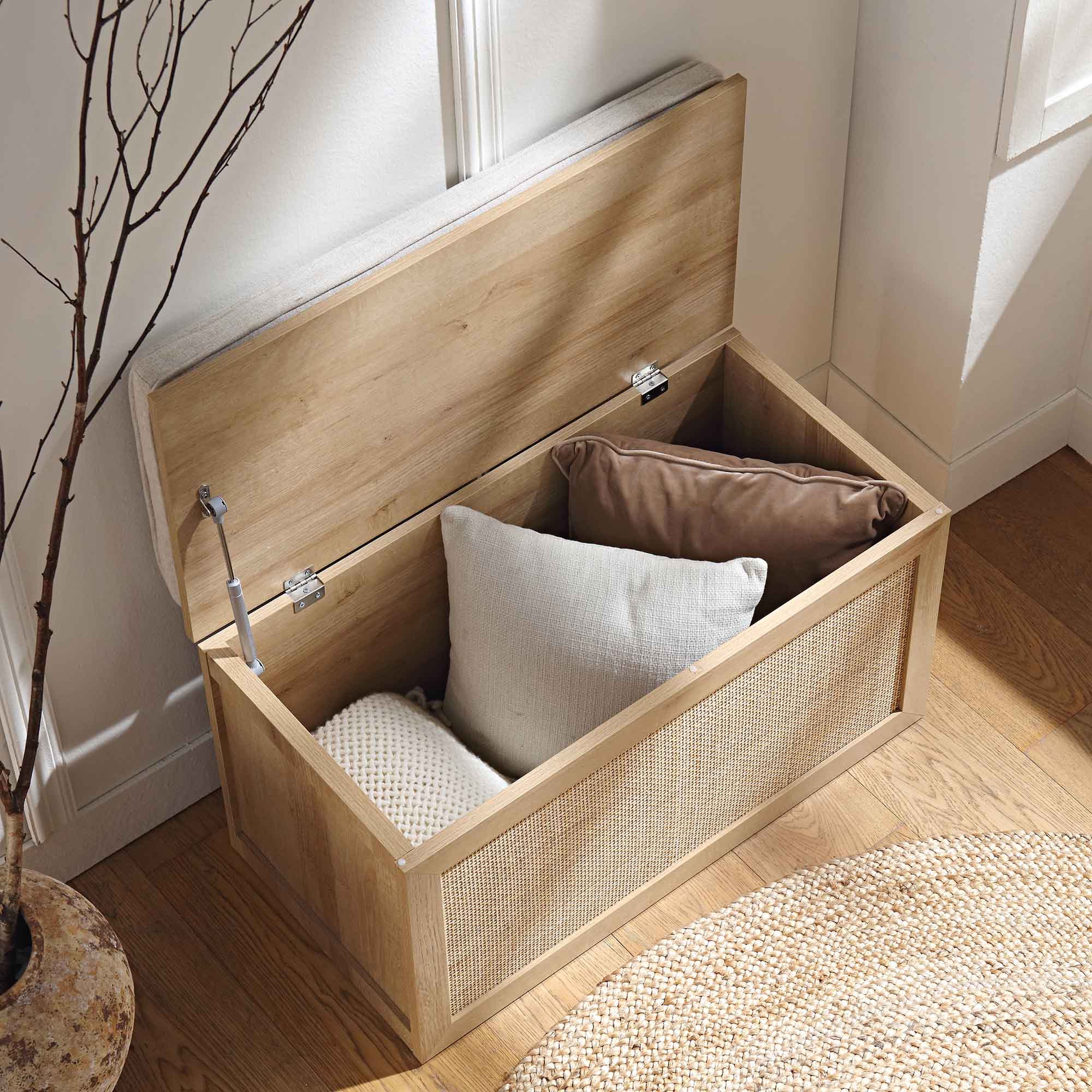 Frances Woven Rattan Double Storage Stool with Cushion, Natural - Image 3