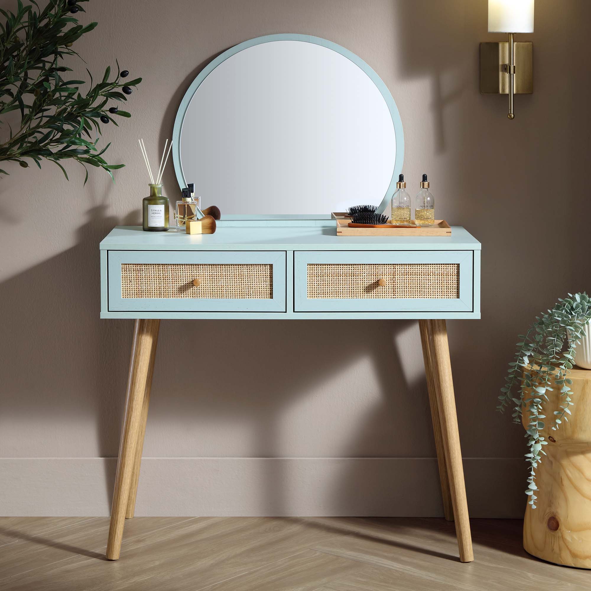 Frances Woven Rattan Dressing Table with Mirror, Mint - Image 2