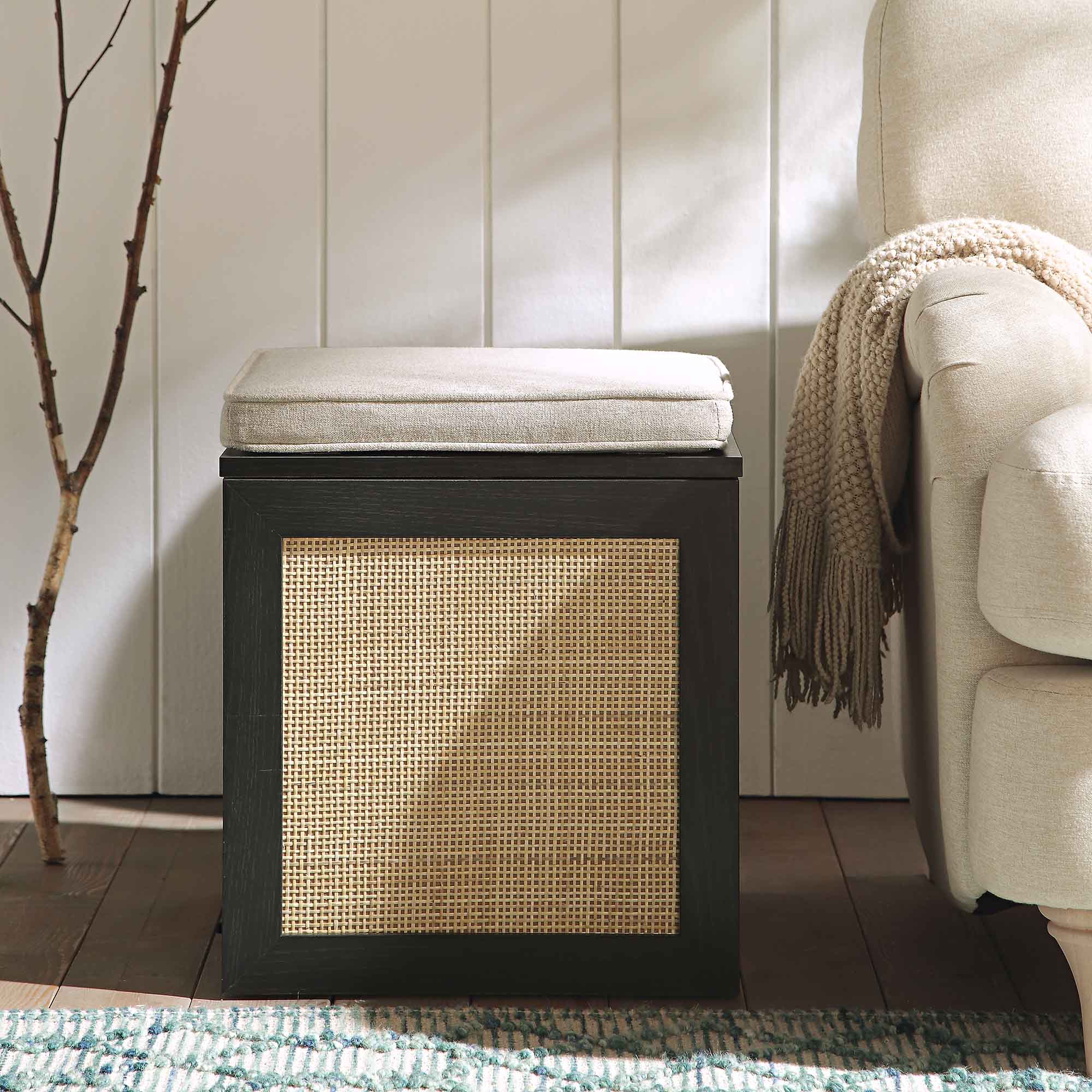 Frances Woven Rattan Single Storage Stool with Cushion, Black - Image 2